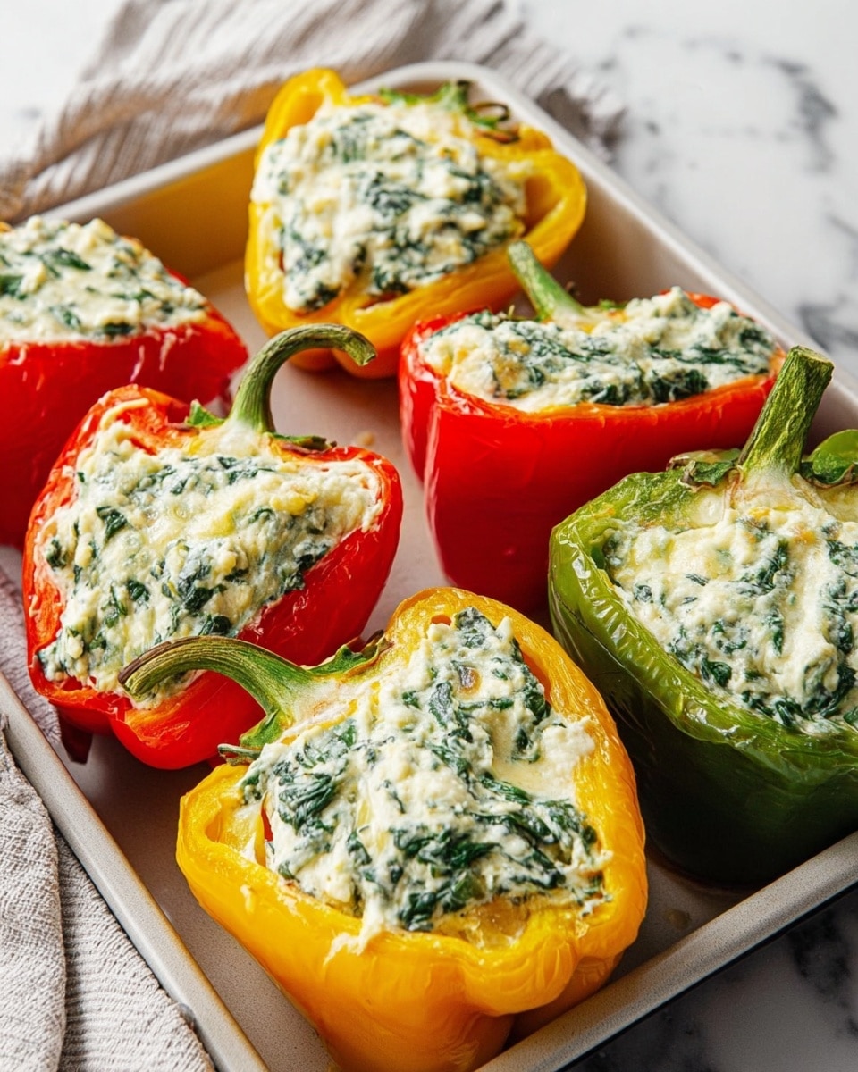 The image shows five halved bell peppers in red, yellow, and green colors, placed on a baking tray. Each pepper half is filled with a creamy white mixture that has leafy green bits mixed in, suggesting a spinach and cheese filling. The peppers have a smooth, shiny outer skin with the stems still attached to some. The white baking tray contrasts with the vibrant colors of the peppers. The background is a soft white marbled texture with a cloth partially visible on the side. Photo taken with an iphone --ar 4:5 --v 7