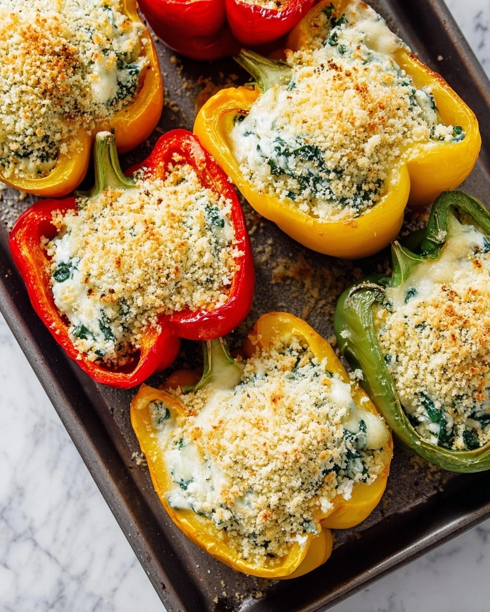 The image shows a baking tray on a white marbled surface, filled with six stuffed white bell peppers of different colors: two red, two yellow, and two green. Each pepper is sliced in half and filled with creamy white spinach and cheese mixture that has visible green spinach bits. On top of this filling, there is a thick layer of light tan breadcrumbs that give a crunchy texture. The peppers are arranged together closely, filling the tray with the bright natural colors of the peppers contrasting with the creamy filling and crumb topping. The photo is taken with an iphone --ar 4:5 --v 7