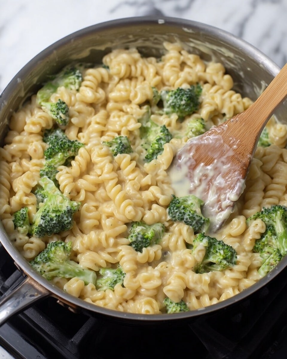 The image shows a pan filled with creamy macaroni pasta mixed with bright green broccoli pieces. The pasta is spiral-shaped and coated in a smooth, light yellow cheese sauce. A wooden spatula with some sauce on it rests inside the pan, partially covered with the creamy pasta mixture. The pan is placed on a black stovetop, and the background is a white marbled texture. photo taken with an iphone --ar 4:5 --v 7