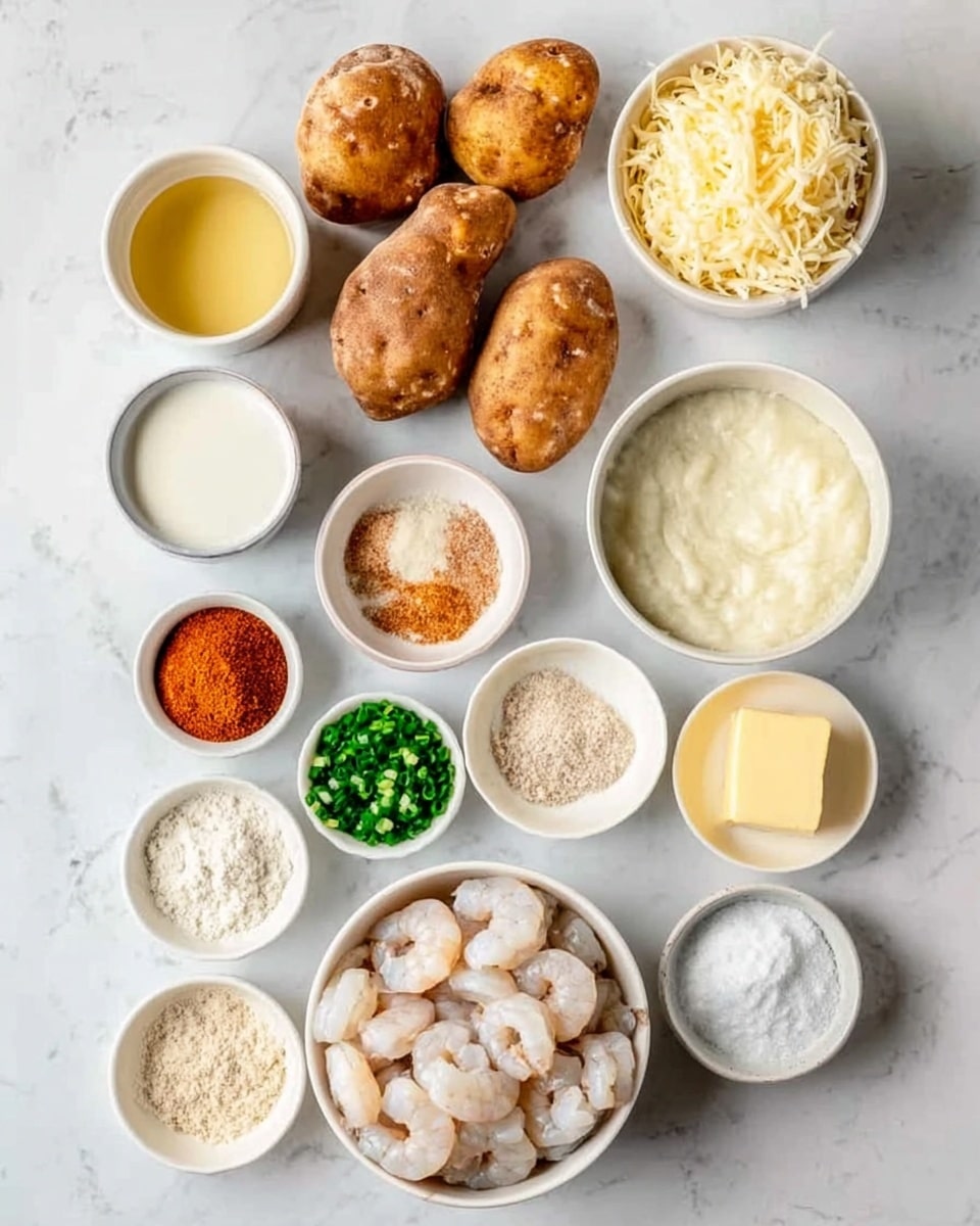A flat top view of 14 small white bowls arranged in loose rows on a white marbled surface, filled with various ingredients. At the top, three brown potatoes with rough skin are placed side by side. Below them, larger white bowls hold shredded cheese, creamy white sauce, and a slightly yellow liquid. Around these are smaller white bowls containing reddish-brown spice, thick white flour, finely chopped green herbs, light brown granules, pale yellow butter, and a few other seasonings. In the bottom center, a larger white bowl is filled with raw, deshelled shrimp, creamy white in color and stacked loosely. The overall arrangement shows a neat, clean setup of ingredients ready for cooking photo taken with an iphone --ar 4:5 --v 7