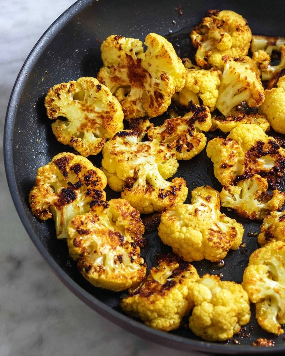 The image shows a black pan filled with golden yellow roasted cauliflower florets that have dark brown charred spots on their surface. The cauliflower pieces are spread out unevenly, showcasing their bumpy texture and slightly crispy edges. The pan has slight oil residue beneath the cauliflower, and the background surface is replaced with a white marbled texture. photo taken with an iphone --ar 4:5 --v 7