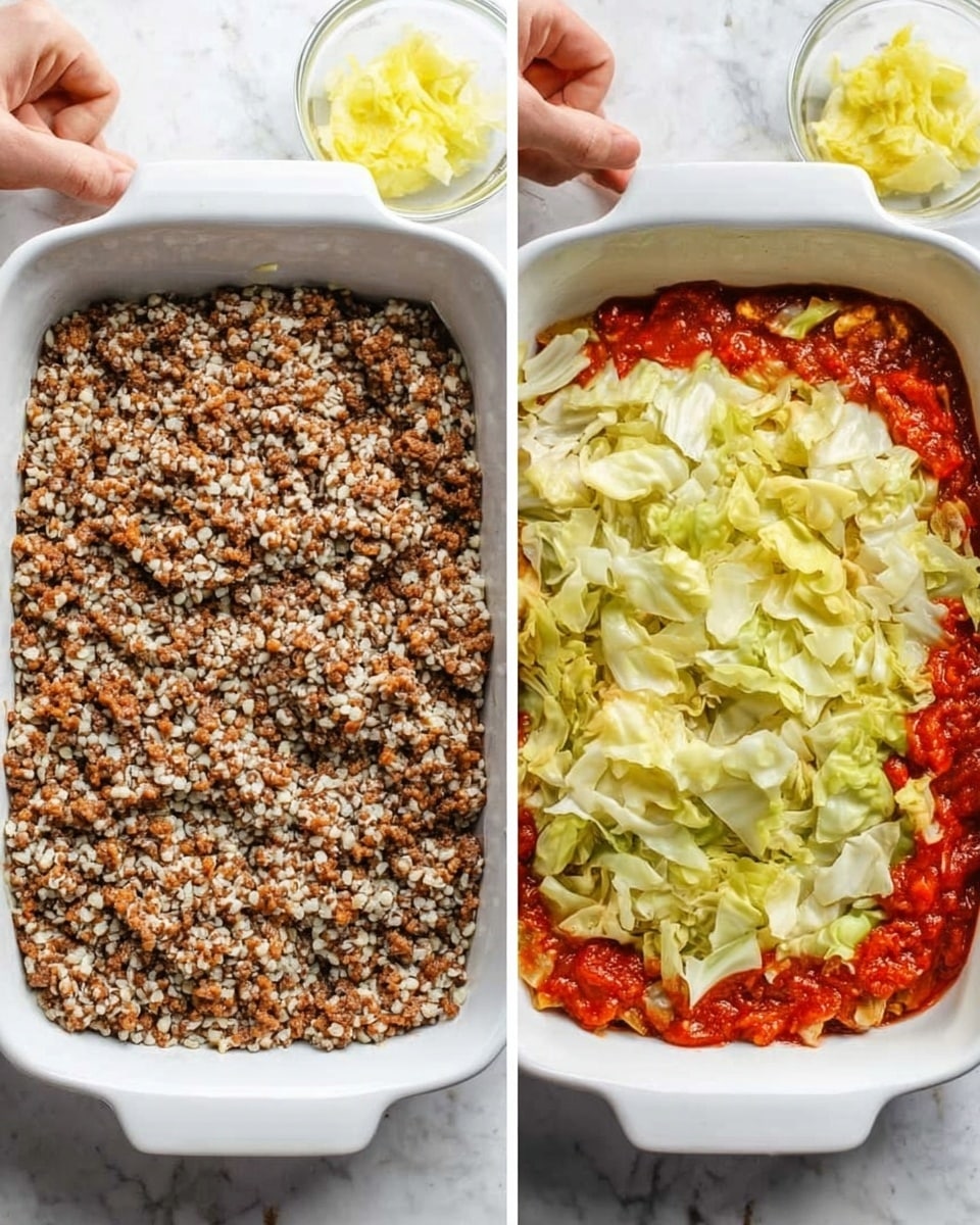 The image shows two white rectangular baking dishes placed side by side on a white marbled surface. The left dish has one layer filled evenly with a mix of small brown and white grains or minced ingredients, giving a coarse textured look. The right dish has the same bottom layer, partially covered by a vibrant thick red sauce in the middle. On top of this sauce is a layer of pale green and yellow cabbage leaves spread loosely, showing a soft and slightly wrinkled texture. To the side of the dishes, a woman's hand is holding a small clear bowl with what looks like yellow slices, ready to be added. Photo taken with an iphone --ar 4:5 --v 7
