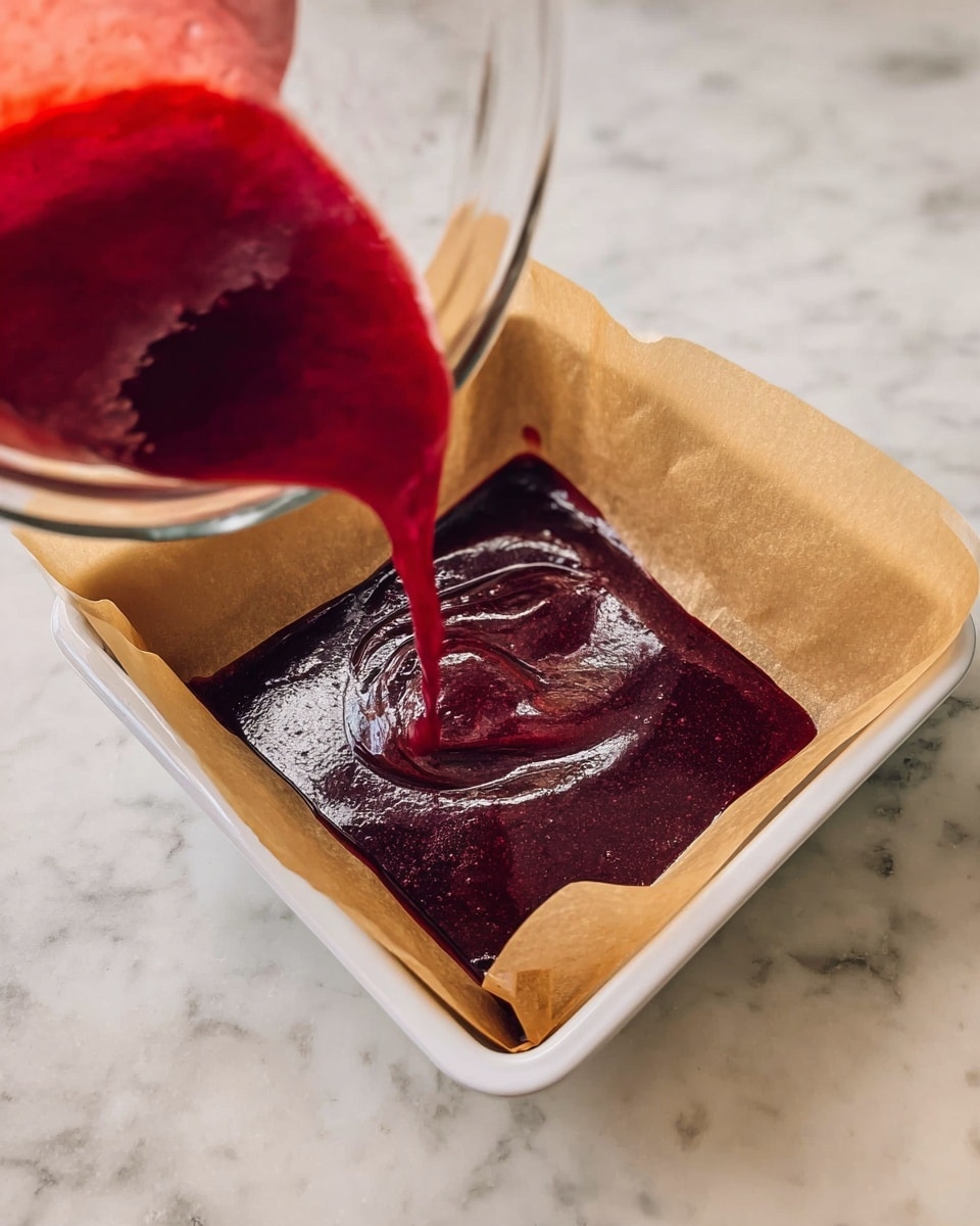 A woman's hand is pouring a deep red, shiny liquid into a white square baking pan lined with light brown parchment paper. The liquid has a smooth, flowing texture and creates swirling patterns as it spreads evenly within the pan. The scene is set on a white marbled surface, adding a clean and bright background to the image. photo taken with an iphone --ar 4:5 --v 7
