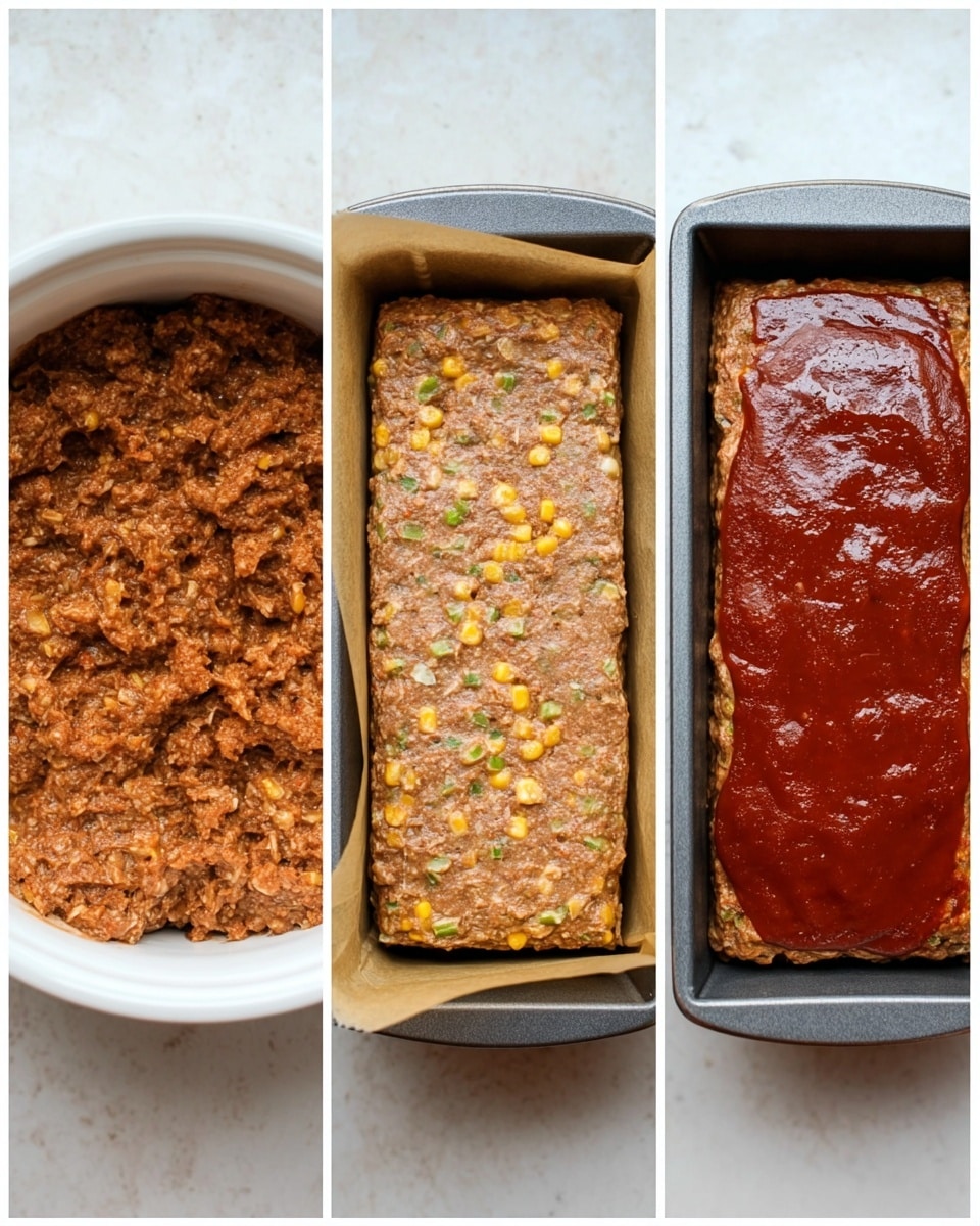 The image shows three stages of making a rectangular loaf. The first stage on the left is a white bowl filled with a thick, chunky mixture that is brown with pieces of corn and green bits visible. The middle stage shows the mixture pressed evenly into a baking pan lined with parchment paper, the surface is rough and speckled with yellow corn and green pieces throughout. The third stage on the right shows the baking pan filled with a smooth, shiny deep reddish-brown sauce spread evenly on top of the loaf mixture. All items are placed on a white marbled surface. photo taken with an iphone --ar 4:5 --v 7