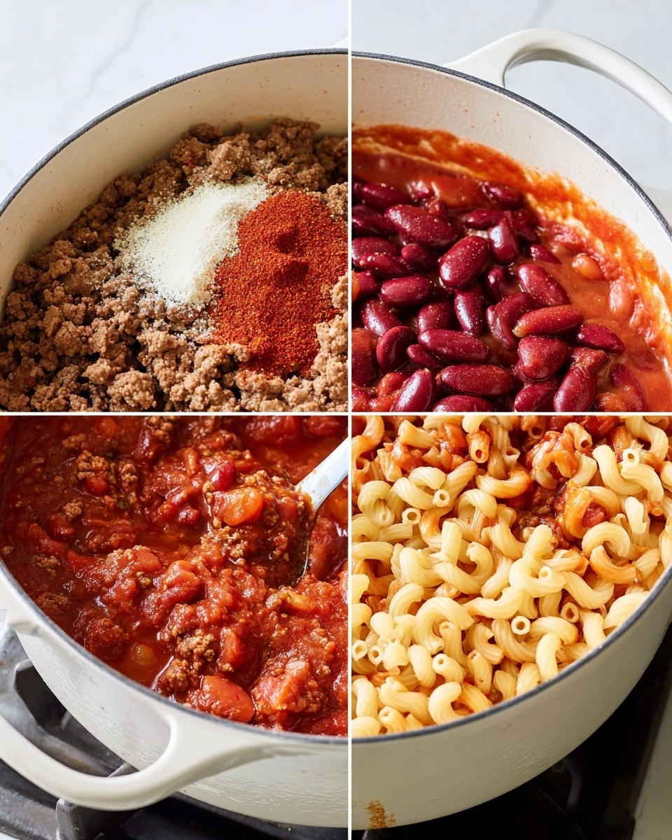 A white pot sits on a stove with a white marbled surface background, showing four stages of cooking. In the first stage, cooked ground meat and onions are mixed with a layer of red paprika and white granules of salt on top. The second stage adds a thick layer of deep red tomato sauce and bright red kidney beans on top of the meat mixture. In the third stage, the ingredients are combined into a thick, rich red sauce with visible meat pieces throughout. The fourth stage shows the final dish with a layer of curly macaroni pasta mixed evenly with the thick meat sauce and beans, a spoon stirring inside the pot. Photo taken with an iphone --ar 4:5 --v 7