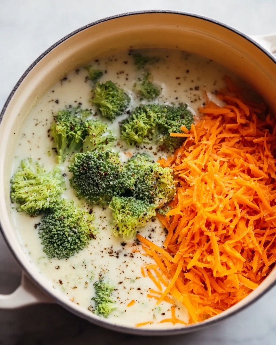 The image shows a close-up top view of a white pot with three visible layers: the creamy white liquid base with small black pepper specks scattered across it, green broccoli florets placed partially in the liquid, and a pile of shredded orange carrots to one side of the pot. The vegetables sit on the creamy liquid, creating a contrast between the smooth white base and the textured green and orange vegetable layers. The pot is on a white marbled surface. Photo taken with an iphone --ar 4:5 --v 7