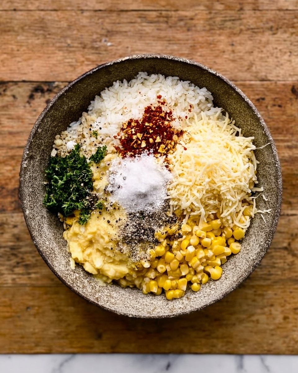 A bowl holds seven separate layers of ingredients arranged in small mounds. Starting from the top and moving clockwise, there is a mound of white rice with a light sprinkling of red chili flakes, next to finely chopped green herbs, followed by a heap of shredded white cheese. Below the cheese, there is a pile of cooked yellow corn kernels nestled next to a smooth yellow mash. Above the mash, there is a small mound of white granulated salt and beside it a bit of black pepper. The bowl itself is stone-textured but sits on a white marbled surface. Photo taken with an iphone --ar 4:5 --v 7