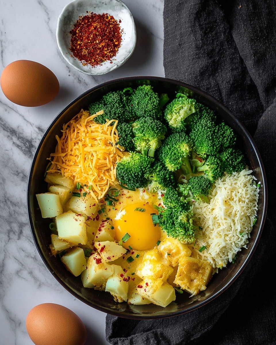 A black bowl filled with several layers of food sits on a white marbled surface. Inside the bowl, there are bright green broccoli florets scattered across the center and toward the top. To the top right is a layer of white shredded cheese or a crumbly white ingredient. At the bottom right, an unbroken raw egg yolk is visible. Below the broccoli, at the bottom center and left, are chunks of pale yellow cooked potato sprinkled with small red flakes. There are also two types of shredded cheese, one bright orange and the other white, layered near the broccoli and potatoes. On the surface near the bowl lies one whole brown egg and one half eggshell. A small white bowl with red seasoning sits above the black bowl, and a dark cloth is partially visible to the right. photo taken with an iphone --ar 4:5 --v 7