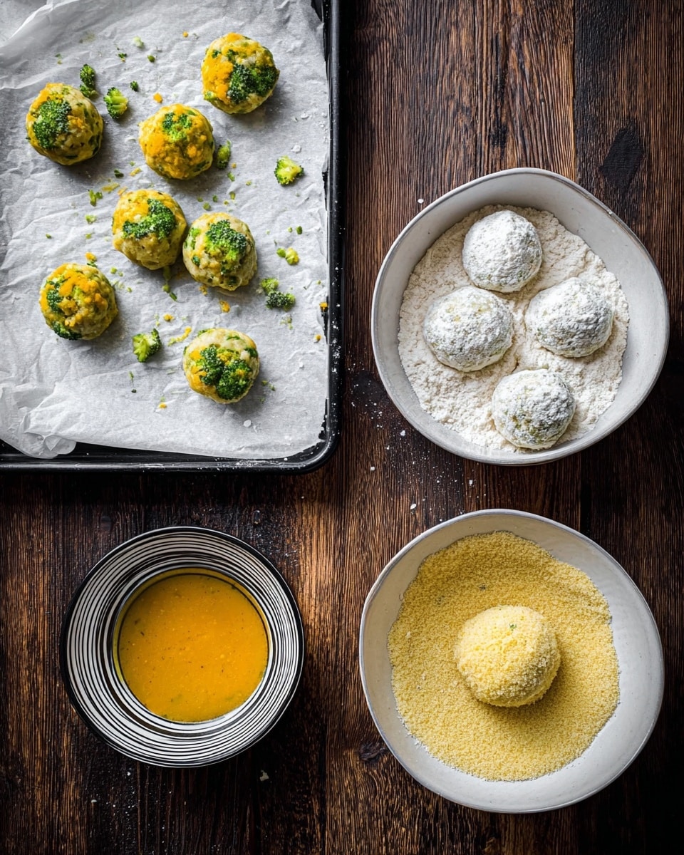 The image shows four stages of preparing vegetable balls on a dark wooden surface. In the top left, five yellow and green vegetable balls with small broccoli pieces rest on white parchment paper over a black baking tray. To the right, five vegetable balls, some coated in white flour, sit in a white bowl filled with flour. Below it, one vegetable ball coated in a yellow-orange liquid sauce sits in a small black and white striped bowl. To the right, a single vegetable ball covered in the yellow mixture now rests in a smooth, light-yellow crumb coating inside a white bowl. The background is a white marbled texture. photo taken with an iphone --ar 4:5 --v 7