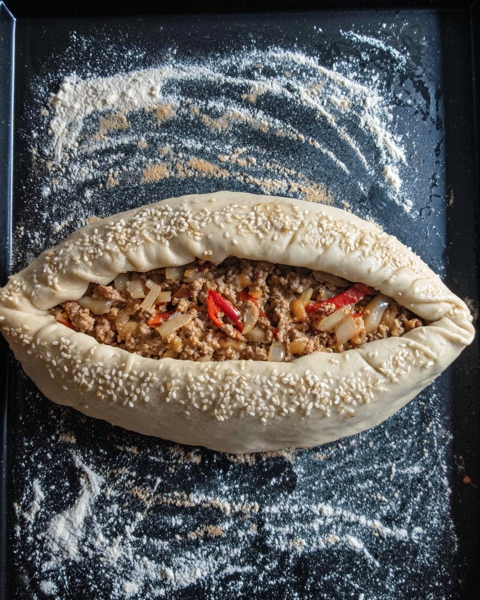 The image shows an uncooked boat-shaped pastry on a black baking tray dusted with flour. The pastry dough forms the outer layer, pale beige in color, thick and folded upward creating a border all around. Inside the open center, there is a filling consisting of cooked minced meat mixed with small pieces of red bell pepper and onion, showing a mix of brown, red, and white colors with a slightly textured appearance. The dough's top edge is sprinkled generously with white sesame seeds. The black tray is scattered with white flour powder around the pastry, enhancing the raw baking look. Photo taken with an iphone --ar 4:5 --v 7