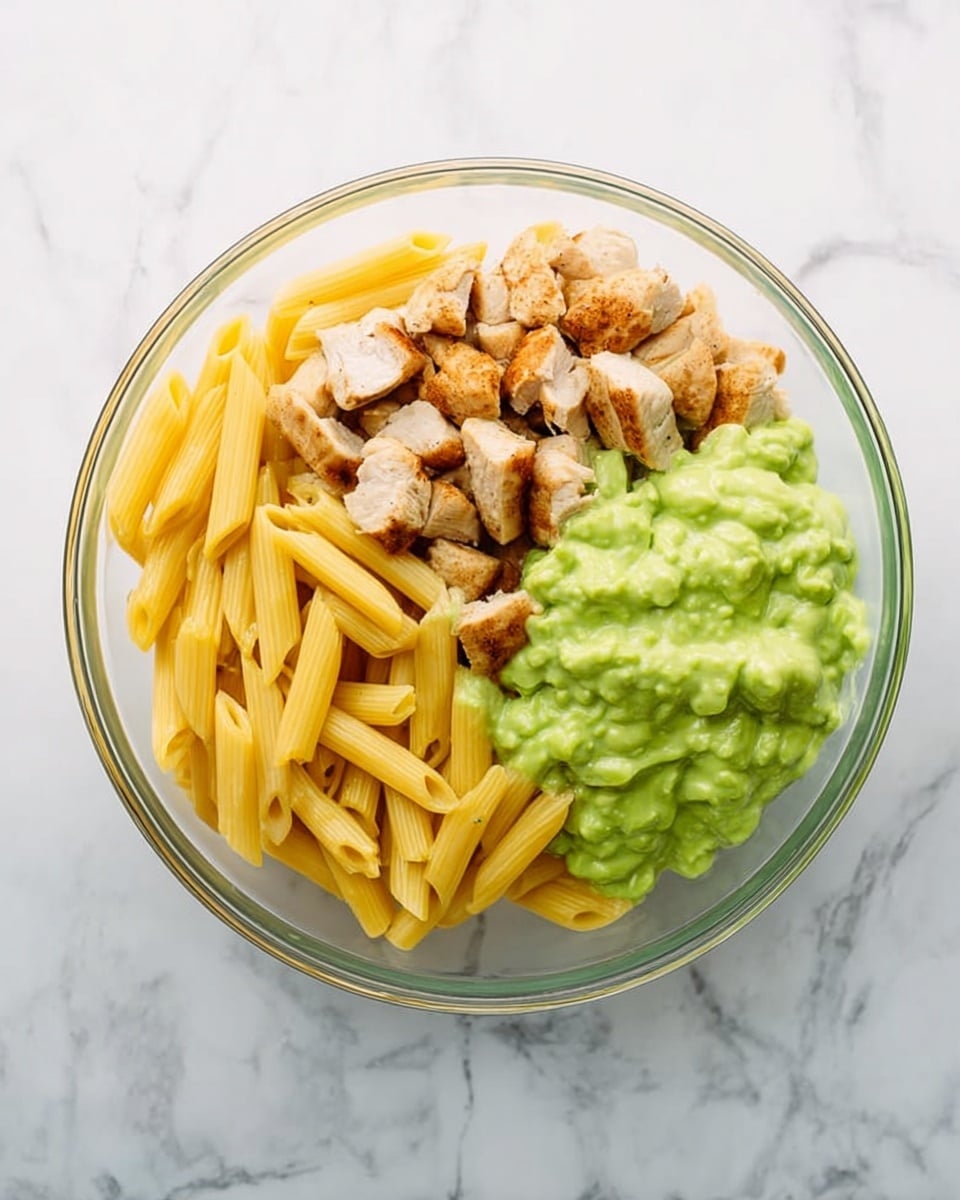 A clear glass bowl on a white marbled surface holds three main layers: half of the bowl is filled with cooked yellow penne pasta, the upper left quarter contains small chunks of lightly browned cooked chicken, and the lower right quarter has a thick, bright green creamy sauce piled up with a slightly smooth texture. The ingredients are separated clearly without mixing. Photo taken with an iphone --ar 4:5 --v 7