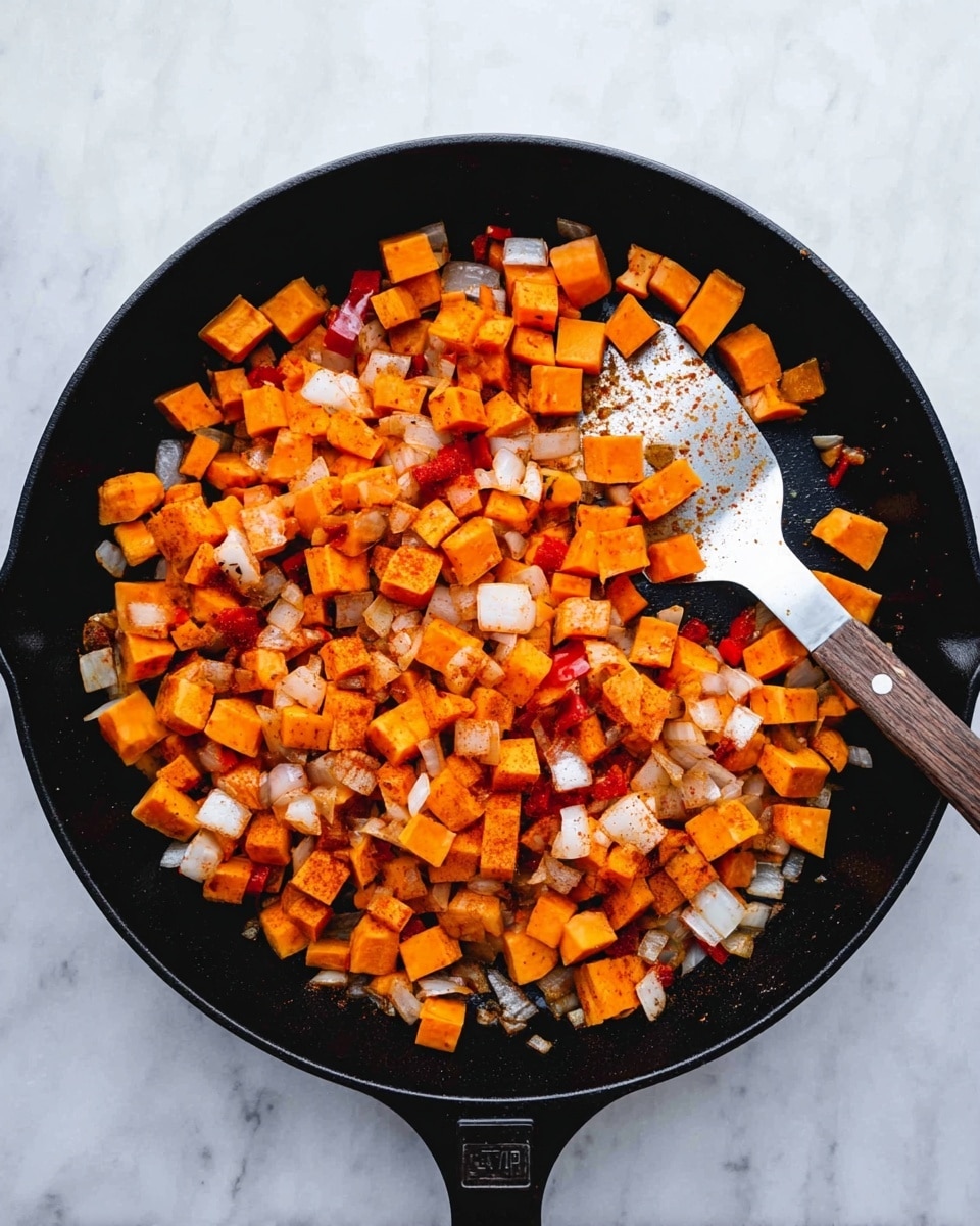 A black cast iron pan filled with three layers of diced food on a white marbled surface. The largest layer is bright orange cubes of sweet potato, mixed evenly with smaller pieces of white onion and some red bell pepper chunks. On top, there is a silver metal spatula with a wooden handle resting inside the pan, slightly covering some of the food. The sweet potatoes and vegetables are lightly coated with a reddish seasoning that gives a warm sense of flavor. Photo taken with an iphone --ar 4:5 --v 7