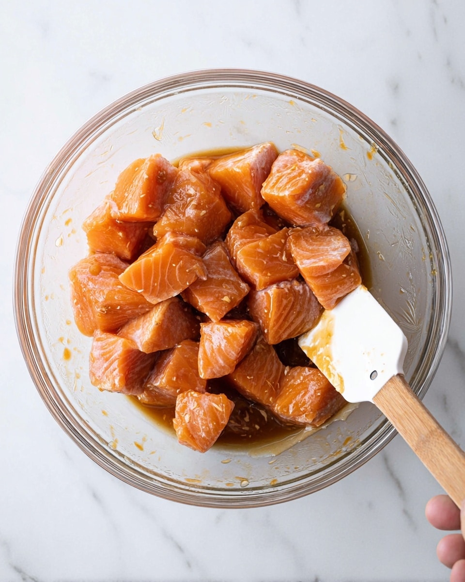 A clear glass bowl sits on a white marbled surface filled with evenly sized chunks of raw salmon coated in a shiny, brown marinade. The salmon pieces are orange with subtle lighter stripes, glistening under the light, and arranged closely together in the bowl. A white spatula with a wooden handle is inside the bowl, covered slightly with the marinade, held by a person's hand in the lower right corner of the image. photo taken with an iphone --ar 4:5 --v 7