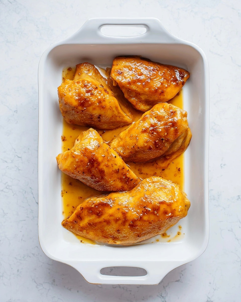 Four cooked chicken pieces with a shiny orange-brown glaze are neatly placed in a single layer inside a rectangular white dish with handles on each side. The chicken pieces are arranged in two rows, two pieces at the top and two at the bottom, all laying flat and coated evenly with the sauce that pools slightly around them. The dish is set on a white marbled surface. Photo taken with an iphone --ar 4:5 --v 7