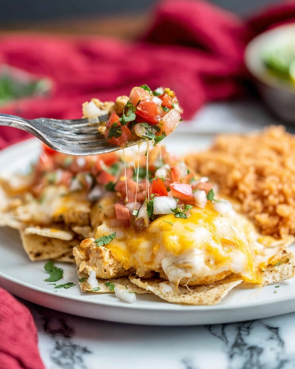 A white plate holds a layered dish with crispy light beige tortilla chips at the bottom. On top of the chips is a piece of cooked chicken covered in melted yellow cheese. The chicken is topped with a fresh salsa layer made of diced red tomatoes, white onions, green jalapeños, and chopped cilantro. To the side on the plate is a serving of brownish-orange Mexican rice. A fork lifts a cheesy piece of chicken, showing melted cheese stretching under it. The plate is set on a white marbled surface with a red cloth underneath, and the background is softly blurred. Photo taken with an iphone --ar 4:5 --v 7