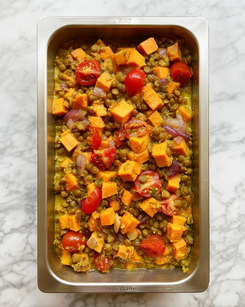 A rectangular metal loaf pan filled with a colorful baked dish made of three main layers mixed together: small round green lentils forming a soft textured base, bright orange sweet potato cubes evenly scattered throughout, and halved red cherry tomatoes adding pops of color on top. The ingredients are coated with a light yellowish sauce that slightly glistens, and small pieces of cooked onion are also visible mixed in. The pan is placed on a white marbled surface. photo taken with an iphone --ar 4:5 --v 7
