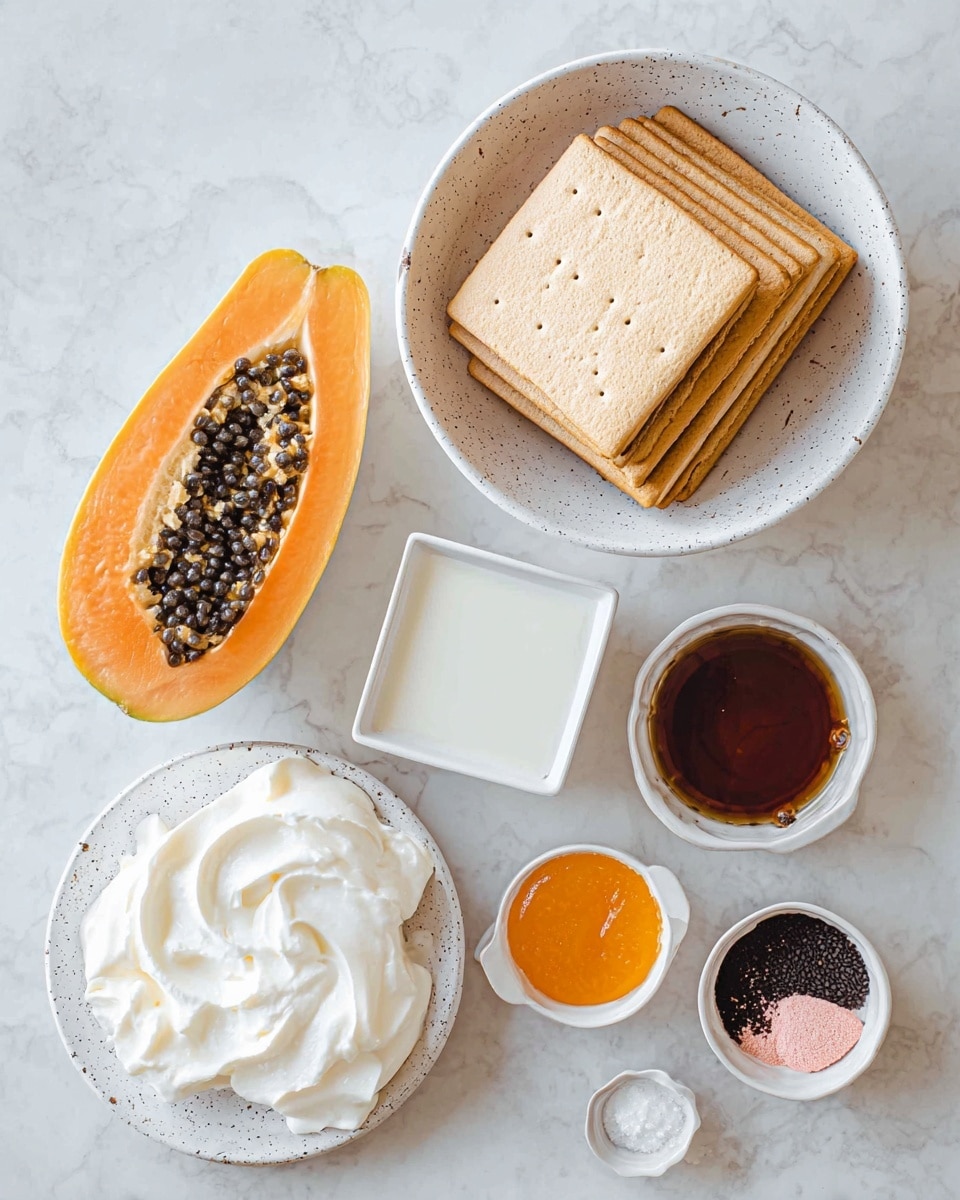 The image shows a simple arrangement of food items on a white marbled surface. There is a white speckled bowl filled with light brown rectangular biscuits stacked evenly inside. Next to it are two small white bowls, one with bright orange sauce and the other with a dark brown sauce. Below these is a small square white container filled with light cream-colored liquid. To the left, a small white bowl holds fluffy white cream. Below it, on a white speckled plate, sits a swirl of white soft cheese or cream. At the bottom left corner, a halved papaya with orange flesh and many small black seeds is placed flat. A small white saucer near the bottom right has black and pink powders in it. The setup is neat and clean. photo taken with an iphone --ar 4:5 --v 7