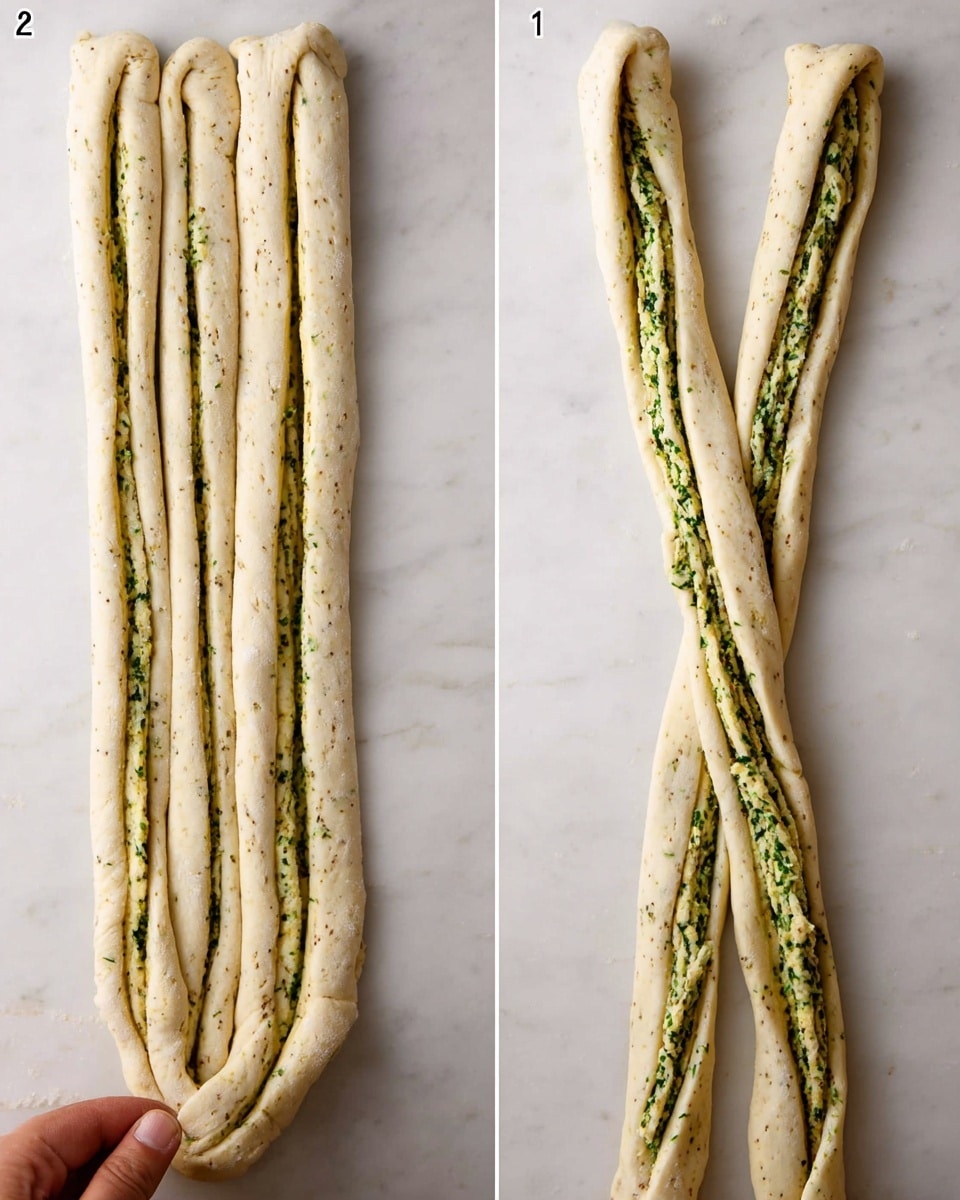 The image shows two steps of preparing twisted pastry strips on a white marbled surface. On the left, there are three long thick dough strips, light beige with small herb specks, stacked closely side by side, with the inner strip slightly lifted by a visible woman's hand, revealing a green herb mixture spread evenly inside each strip as the second layer. On the right, the three dough strips are pulled apart and crossed at the center, showing the green herb filling clearly within each twisted strip. The dough looks smooth and soft with visible green filling layers inside. photo taken with an iphone --ar 4:5 --v 7