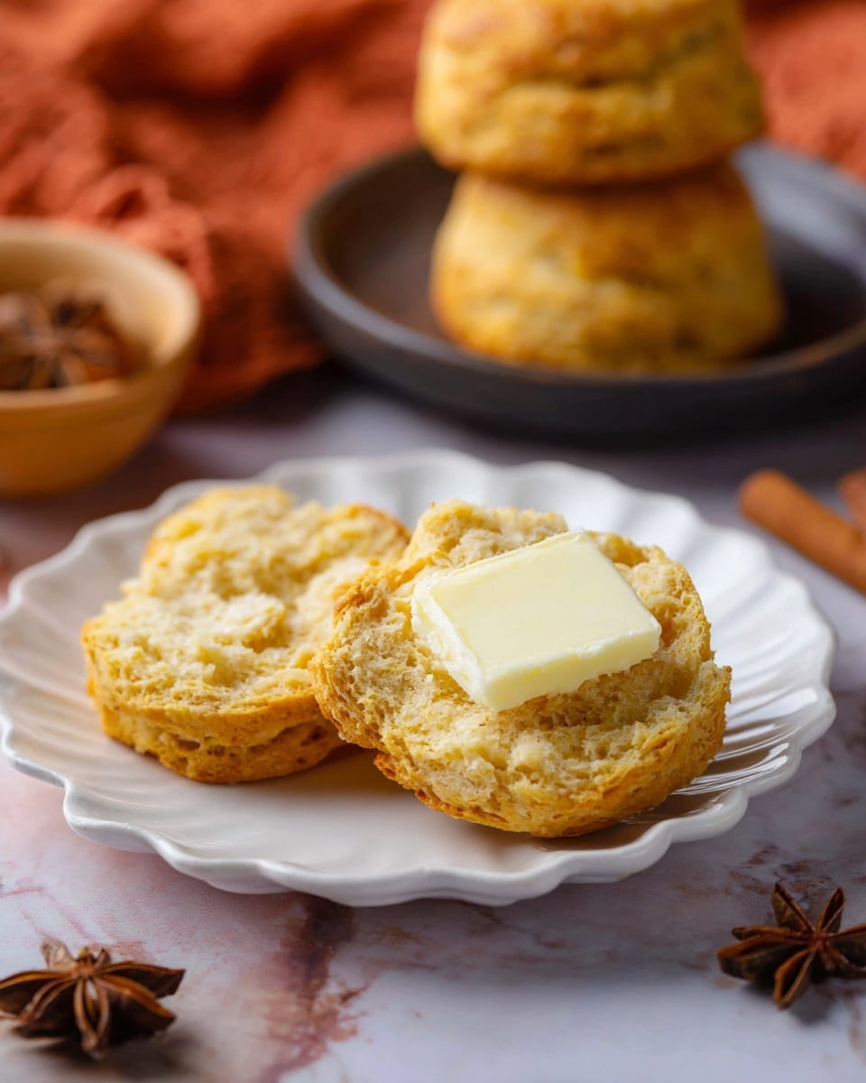 The image shows a close-up of two halves of a biscuit placed on a white scalloped plate, with the left half topped with a square piece of pale yellow butter that has smooth edges. The biscuit is golden brown with a slightly crumbly texture, and the inside looks soft and fluffy with small air pockets. In the background, there is a white marbled surface with more biscuits, including a stack of four biscuits on a dark round plate blurred out behind the main plate. The setting has warm tones with a blurred orange cloth and some star anise scattered around. Photo taken with an iphone --ar 4:5 --v 7