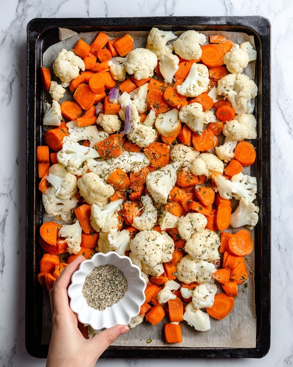 The image shows a large white bowl filled with roasted cauliflower and carrot pieces, arranged in a mixed way. The cauliflower is creamy white with slightly browned edges, and the carrots are bright orange with a roasted texture. Small green herb leaves are scattered on top, adding a fresh look. Two silver spoons rest inside the bowl on the right side. Around the bowl, red pepper flakes and coarse salt are shown in small white bowls, with a few green herb sprigs and some pepper flakes scattered on the white marbled surface below. The bottom left corner has a brown cloth partially visible. Photo taken with an iphone --ar 4:5 --v 7