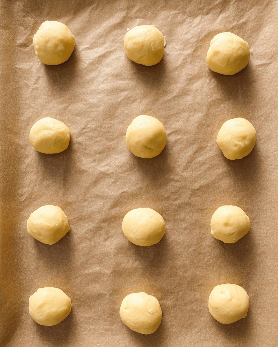 The image shows twelve small dough balls placed evenly in a 3 by 4 grid on light brown parchment paper. Each dough ball is pale yellow, smooth, and round with slight dimples, spaced apart on the paper that covers a flat surface. The texture of the dough looks soft and slightly glossy, and the parchment paper has gentle creases and wrinkles all over. The background under the paper is not visible but appears neutral. Photo taken with an iphone --ar 4:5 --v 7