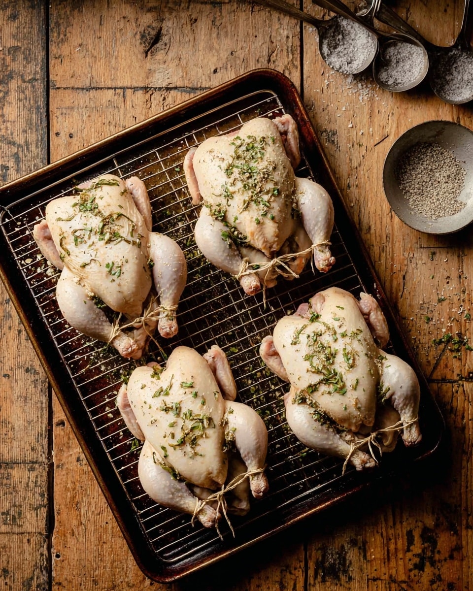The image shows four small raw birds placed on a black wire rack inside a metal baking tray. Each bird is tied at the legs and covered lightly in chopped green herbs spread over their pale skin. The tray rests on a rustic wooden surface with measuring spoons and a small bowl of grayish seasoning visible in the upper right corner. The birds are positioned in a slightly scattered manner, showing their plump bodies and wings tucked close to their sides. Photo taken with an iphone --ar 4:5 --v 7