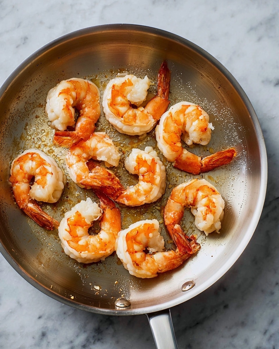 The image shows a silver frying pan with ten cooked shrimp arranged loosely inside. Each shrimp is curled in a C shape with a bright orange and pale white color, showing a slightly charred texture on the orange parts. The shrimp look plump and have a shiny, slightly oily surface. The pan itself has a few brown spots from cooking and is centered on a gray stone surface which should be imagined as white marble texture. photo taken with an iphone --ar 4:5 --v 7