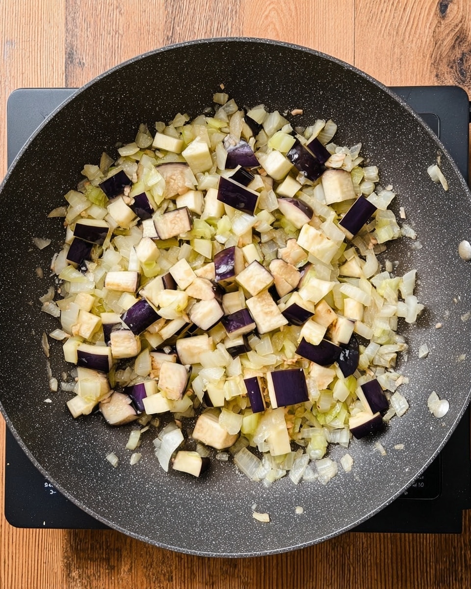 A top view of a black frying pan on a wooden surface filled with two layers of chopped vegetables. The bottom layer consists of small, translucent pieces of cooked onion spread evenly across the pan. The top layer has unevenly cut chunks of raw eggplant, showing creamy white flesh with dark purple skin scattered throughout. The frying pan has a light speckled texture and is centered in the image. photo taken with an iphone --ar 4:5 --v 7