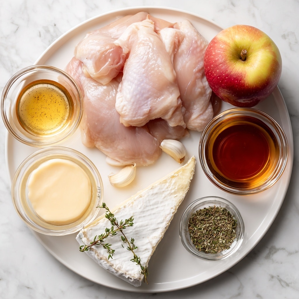 The image shows two pale pink chicken pieces laid side by side on a white round plate, positioned toward the upper left. To the right of the plate is one red apple with yellow patches. Below the apple is a white wedge of soft Brie cheese with a smooth outer rind and creamy inside. Near the center bottom, there is a small clear glass bowl filled with light brown Dijon mustard next to another small clear glass bowl holding dried thyme, which is finely textured and greenish-brown. Above these bowls is a small clear jar of dark amber maple syrup. A single whole garlic clove with a pale white color lies just above the Dijon mustard bowl. Everything is arranged on a white marbled surface that looks clean and slightly shiny. photo taken with an iphone --ar 4:5 --v 7