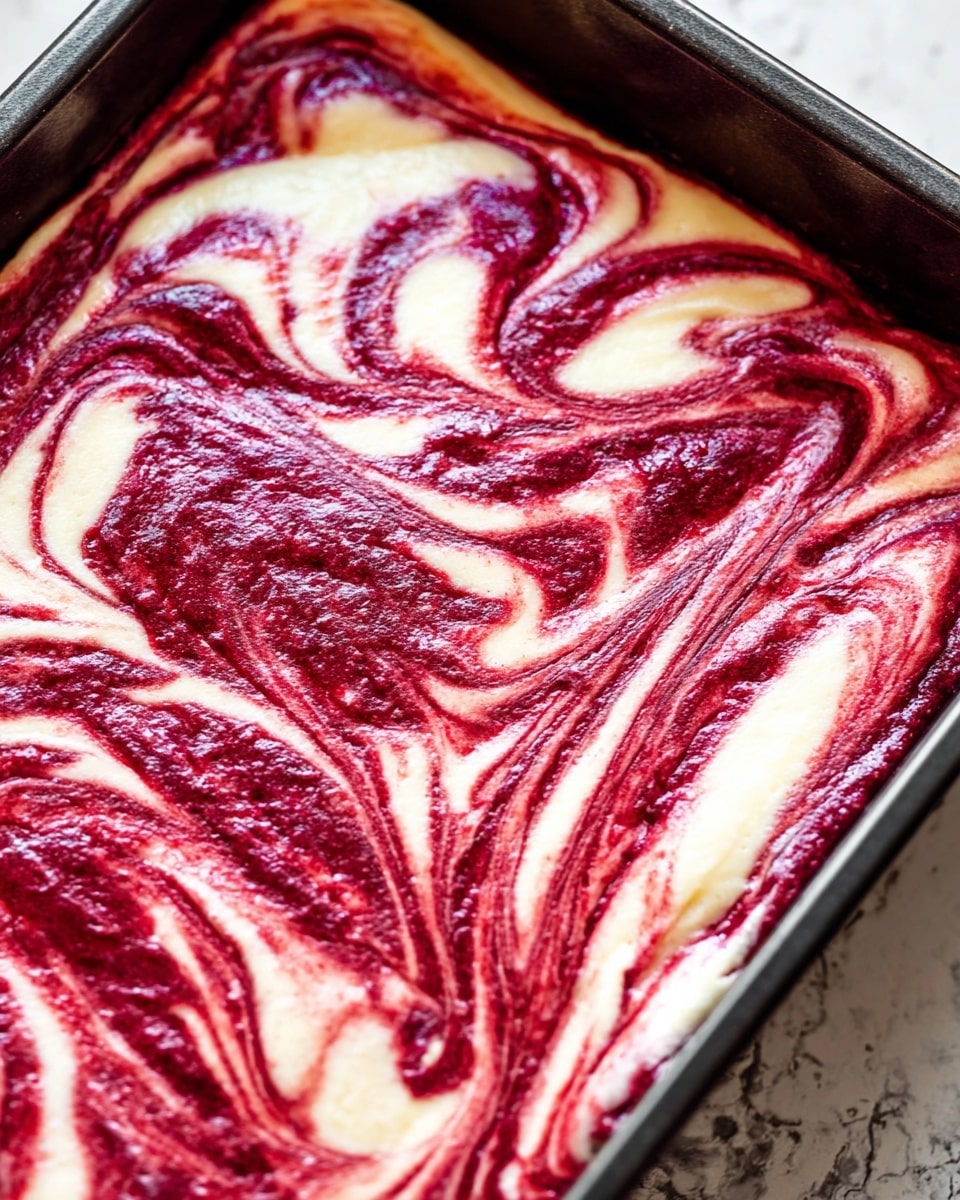 A close-up view of a rectangular baked dish showing two main layers swirled together; the bottom layer is creamy white with a smooth texture, while the top layer is a deep reddish-purple with a slightly uneven texture creating marbled patterns across the whole surface, all inside a black pan lined with foil. The swirls of the reddish layer blend into the white layer in wavy, curving lines, giving a rich, artistic look. The background surface is a white marbled texture photo taken with an iphone --ar 4:5 --v 7