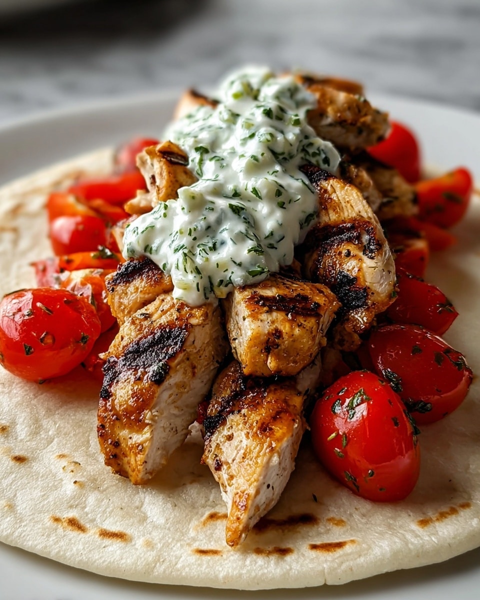 A white flat tortilla forms the base layer, topped with several pieces of grilled chicken strips that have a golden-brown color with dark grill marks. Above the chicken, there is a layer of bright red cherry tomatoes, some whole and some sliced in half, with a glossy texture and sprinkled with herbs. On top of the tomatoes, sits a dollop of white sauce mixed with green herbs, giving it a creamy and fresh look. The dish is presented on a plain white plate with a white marbled texture surface in the background. Photo taken with an iphone --ar 4:5 --v 7
