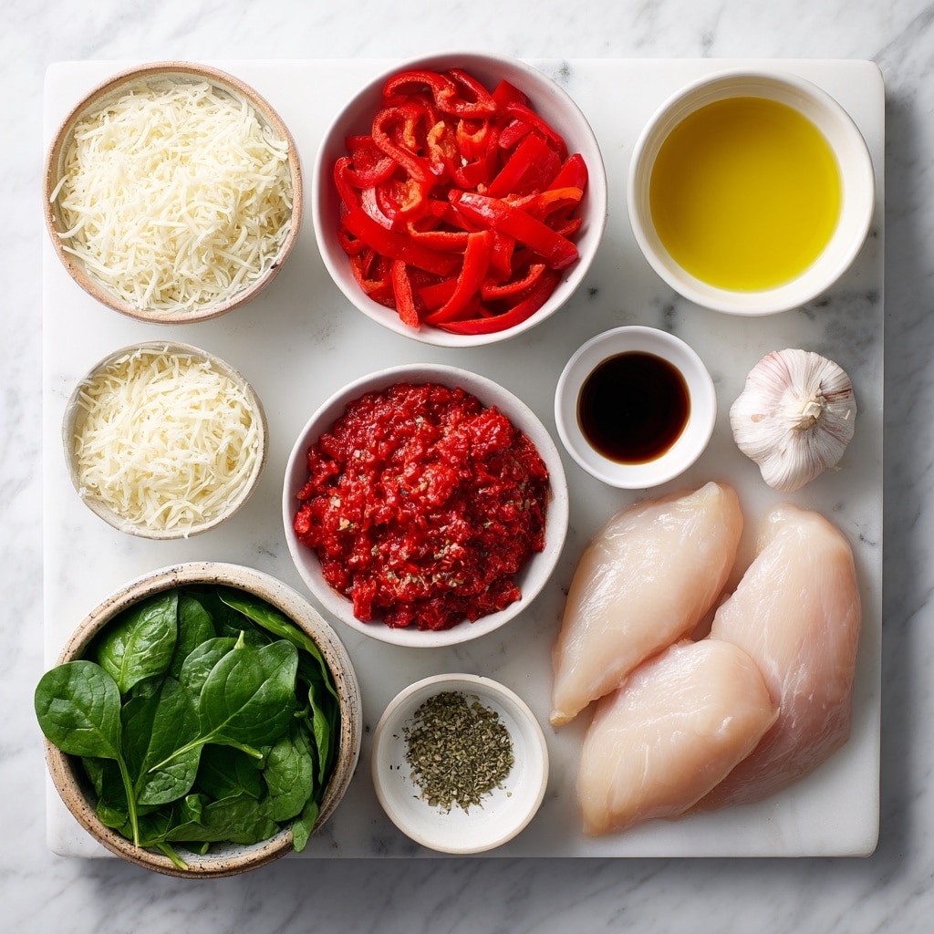 The image shows two cooked chicken pieces in a black pan with a golden-brown, crispy skin on top, glistening with oil and small herbs scattered over them. Each chicken piece is stuffed with layers of bright green spinach and white cheese mixed with some red bell pepper strips. Around the chicken, there are halved red cherry tomatoes and a light yellow sauce with herbs on the bottom of the pan. The background has a white marbled texture. photo taken with an iphone --ar 4:5 --v 7