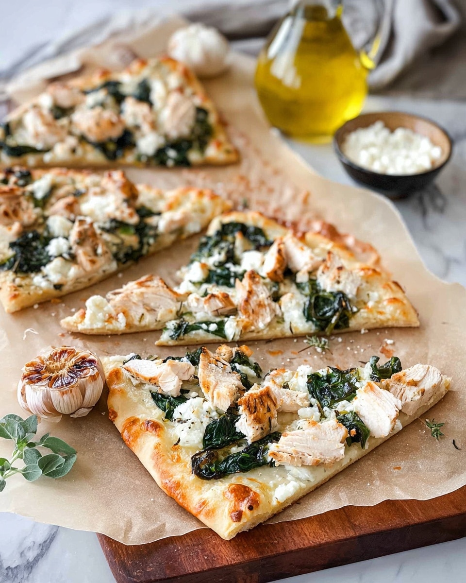 The image shows three triangular slices of pizza on brown parchment paper placed on a wooden board over a white marbled surface. The pizza has a thin, light golden-brown crust with a layer of melted white cheese, scattered pieces of cooked chicken that are white with light brown grill marks, chopped spinach leaves in dark green, and bits of soft white cheese sprinkled on top. Next to the pizza slices, there is a whole roasted garlic bulb with a caramelized golden-brown texture. In the background, a clear glass bottle filled with golden olive oil and a small dish of white sauce or dip can be seen. A small green oregano sprig lies near the edge of the wooden board. The colors are warm and fresh, showing a simple and delicious pizza arrangement. Photo taken with an iphone --ar 4:5 --v 7