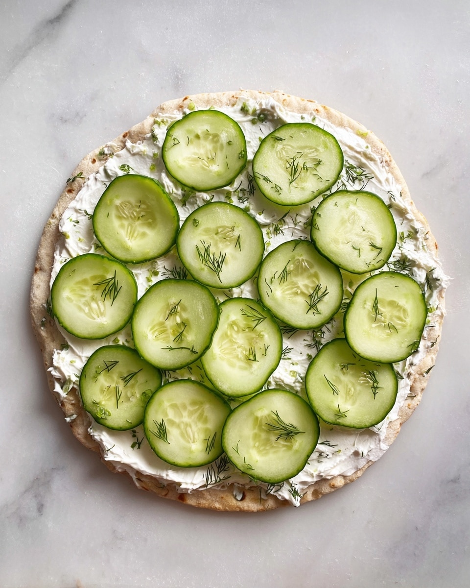 A round flatbread lies flat on a white marbled texture, spread with one even layer of white cream cheese mixed with small green dill flecks. On top, there is a single layer of fresh cucumber slices, each light green with a darker skin edge and small seeds visible in the center, arranged close to each other covering almost the entire flatbread. The edges of the flatbread show some unevenness, adding a natural homemade feel. The photo appears bright and clear, shot from above. Photo taken with an iphone --ar 4:5 --v 7