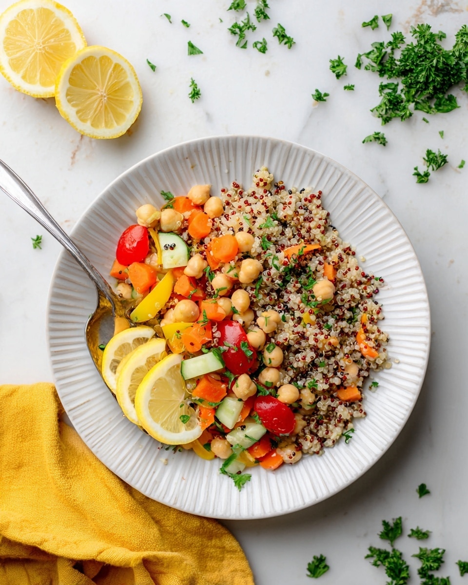 A white plate with ridged edges holds a colorful quinoa salad made of three layers: the bottom layer is a mix of white, red, and black quinoa grains; the middle layer has chickpeas, diced carrots, yellow bell pepper, chopped cucumber, and halved cherry tomatoes; the top layer shows sprigs of parsley along with two thin lemon slices placed on one side of the salad. A silver spoon rests inside the plate on the left side, and the scene includes a white marbled surface with scattered chopped herbs, a yellow cloth in the bottom left corner, and two lemon halves in the top left area. Photo taken with an iphone --ar 4:5 --v 7
