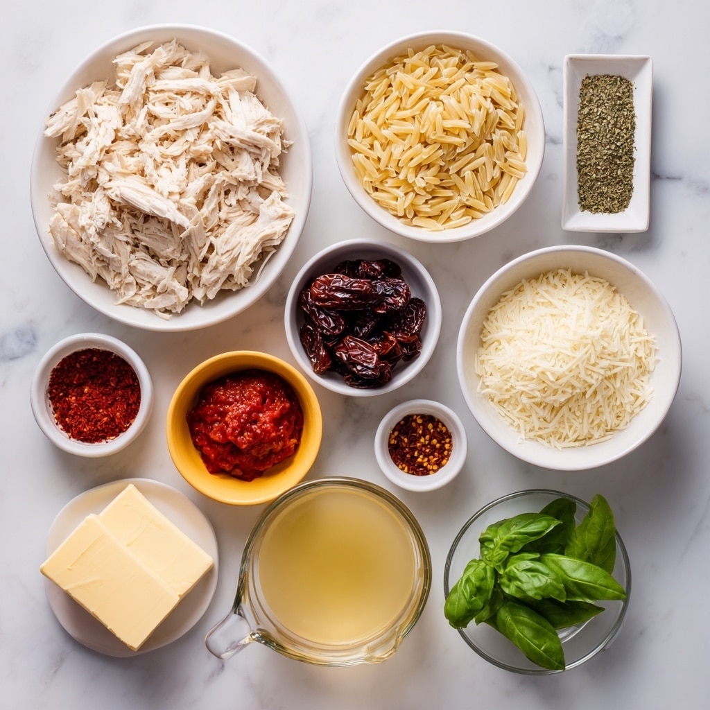 The image shows various ingredients arranged neatly on a white marbled surface. In the top left is a white bowl filled with shredded pale chicken, next to it on the right is another white bowl with small pale orzo pasta. Below the chicken is a white bowl holding dark, wrinkled sun-dried tomatoes, and to the right of that, a small white bowl with green dried oregano. Near the center is a small orange bowl with minced pale yellow garlic and below it a small purple bowl holding thick, red tomato paste. To the lower left, a small yellow bowl holds red pepper flakes, and nearby a small white plate shows a rectangular chunk of light yellow butter. On the lower right side, a clear measuring cup contains pale golden chicken broth, with fresh bright green basil leaves sitting just above it. Next to the basil is a small white bowl of golden olive oil, and above that, a white bowl filled with finely grated off-white parmesan cheese. On the far right, a clear measuring cup is filled with white wine, and above it is another clear cup holding thick white heavy cream. Photo taken with an iphone --ar 4:5 --v 7