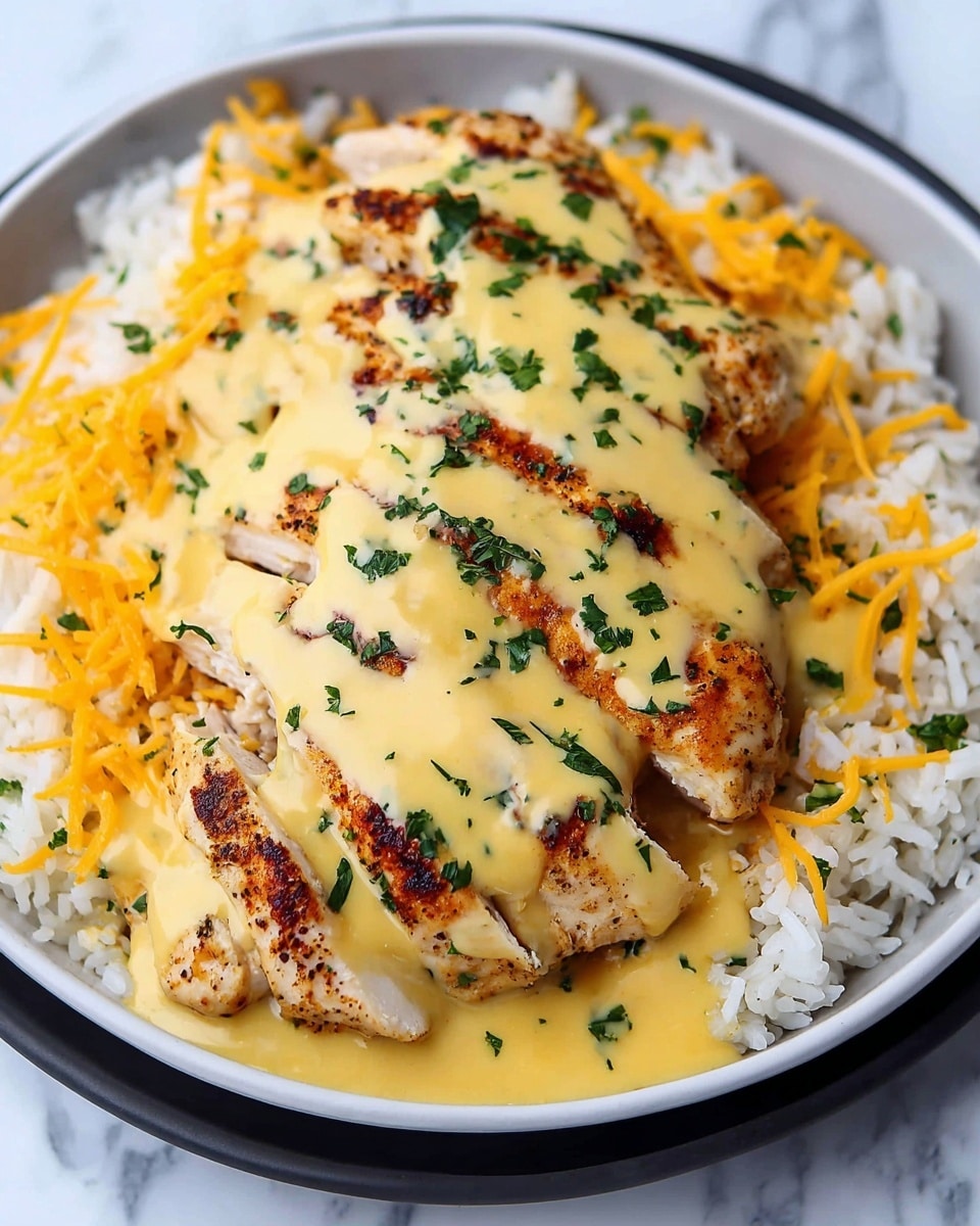 The image shows a white plate with a bed of cooked rice at the bottom, light beige in color with a soft texture. On top of the rice, there are three thick slices of grilled chicken, browned at the edges with a slight char and a white interior. Each chicken slice is covered with a smooth, creamy yellow sauce that drips slightly onto the rice. The dish is garnished with small, chopped fresh green herbs scattered over the sauce and rice. The plate sits on a white marbled surface. Photo taken with an iphone --ar 4:5 --v 7