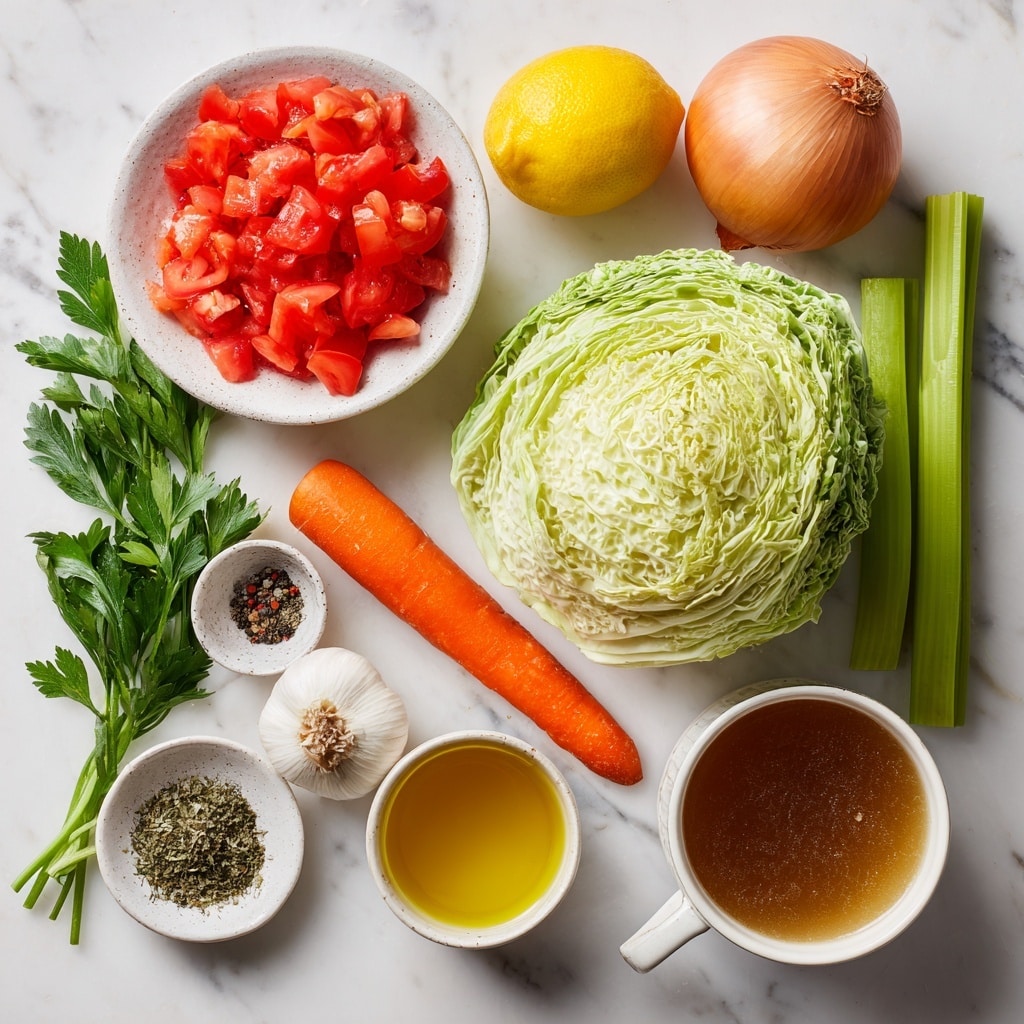 The image shows fresh ingredients laid out on a white marbled surface. There is a whole light green cabbage positioned to the right, with two light green celery sticks above an orange carrot placed diagonally at the bottom center. A bunch of green parsley with detailed leaves lies near the carrot. To the left, there is a yellow lemon and a brown onion close together. In the top left corner, a white bowl holds bright red diced tomatoes. Below and to the right of the tomatoes, a white bowl contains mixed black pepper and salt. Near the cabbage, a small white bowl contains dried green herbs, and next to it is a small white bowl filled with golden olive oil. In the bottom right corner, a white cup contains warm brown vegetable broth. A whole white garlic bulb is placed near the celery and cabbage. The overall setting is clean, simple, and organized with natural colors. Photo taken with an iphone --ar 4:5 --v 7