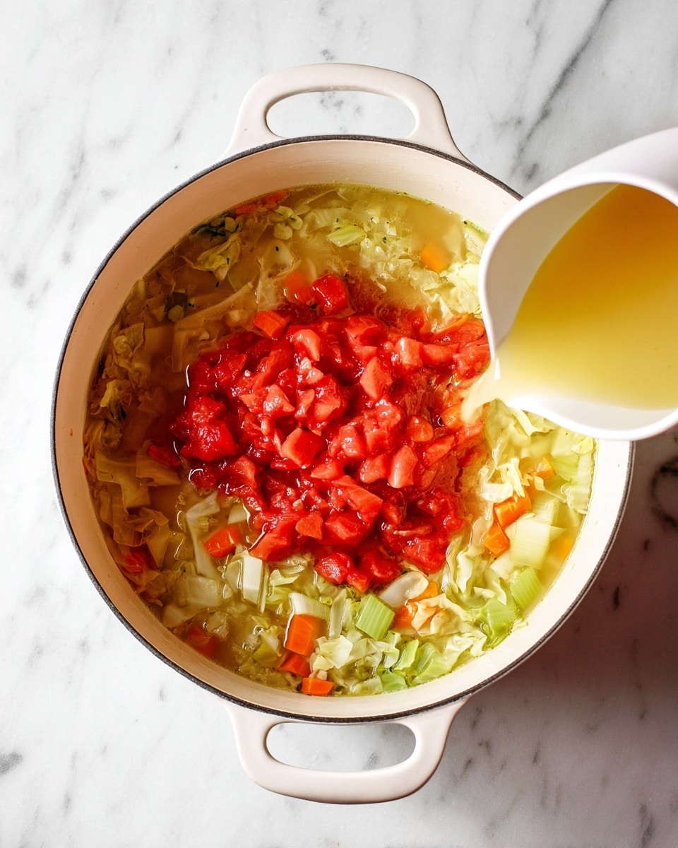 A white pot with two handles is placed on a white marbled surface, filled with a soup mixture. The bottom layer consists of light yellow broth with small pieces of green celery, orange carrot, and light green cabbage floating in it. On top of this, a thick layer of bright red diced tomatoes is placed in the center. To the right side of the pot, a woman's hand pours more light yellow broth from a white pitcher into the pot. The colors show a fresh and hearty soup being prepared. photo taken with an iphone --ar 4:5 --v 7