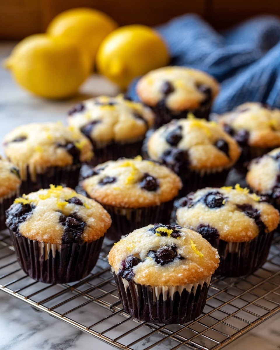 The image shows a group of small lemon blueberry muffins arranged closely together on a metal cooling rack. Each muffin has a light golden top with visible juicy dark blueberries bursting out and sprinkled with bright yellow lemon zest, adding color contrast. The muffins are wrapped in dark brown paper liners, giving a clear texture difference between the soft muffin and the firm liner. In the background, two whole yellow lemons and a folded blue cloth add context, all on a white marbled surface that softly reflects light. Photo taken with an iphone --ar 4:5 --v 7