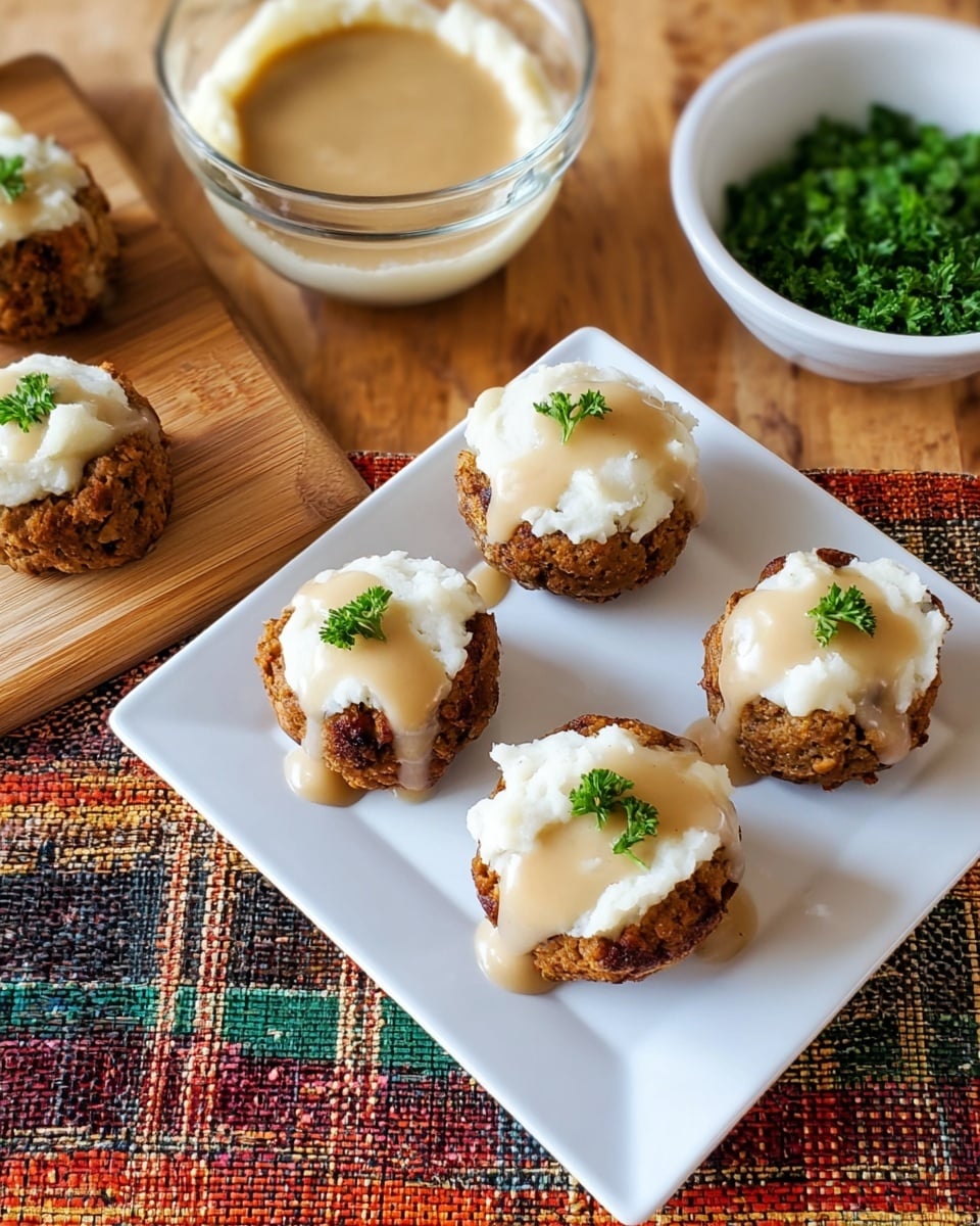 Four meatloaf muffins sit evenly spaced on a white square plate. Each muffin is topped with a smooth layer of white mashed potatoes, slightly rounded, with a small dollop of light brown gravy flowing a bit down the side. A green parsley leaf is placed on top of each gravy spot for color. Around the plate, a wooden board holds four more brown, crumbly meatloaf muffins and another board is spread with chopped green parsley. Part of a glass bowl shows creamy mashed potatoes, and another bowl contains additional light brown gravy. The background is a white marbled texture beneath a colorful woven placemat. Photo taken with an iphone --ar 4:5 --v 7