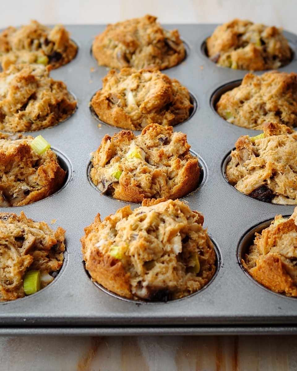 The image shows a metal muffin tray filled with a dozen rough-textured, golden-brown muffins. Each muffin has an uneven top with visible chunks of light beige bread pieces, small bits of green celery, and some darker fragments, likely mushrooms or herbs. The muffins look dense and crumbly, with some parts slightly darker from baking. The tray sits on a white marbled surface. photo taken with an iphone --ar 4:5 --v 7