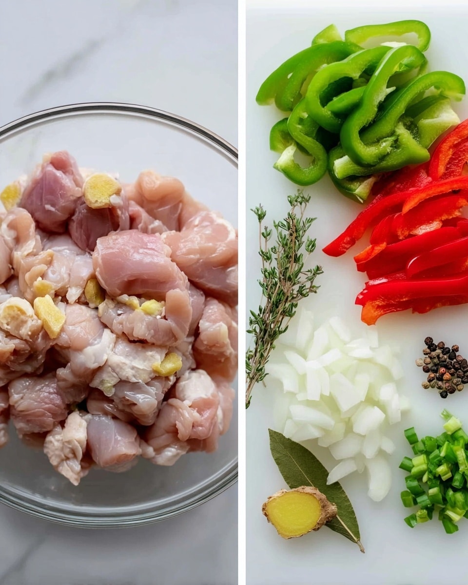 The image on the left shows a clear bowl filled with pieces of raw chicken with a pinkish color and some small yellowish fat parts. The pieces are uneven in size and texture, visible close up with some light reflecting off the smooth surface of the chicken. The image on the right shows a white cutting board on a white marbled surface. On the board are several ingredients: long green bell pepper strips on the top right, bright red bell pepper strips just below them, chopped white onion pieces to the right, minced garlic at the upper right, a small green hot pepper near center bottom, fresh thyme sprigs on the bottom left, a couple of bay leaves on the left, thin slices of yellow ginger near the middle, black peppercorns scattered close by, and chopped green onions on the bottom right. photo taken with an iphone --ar 4:5 --v 7