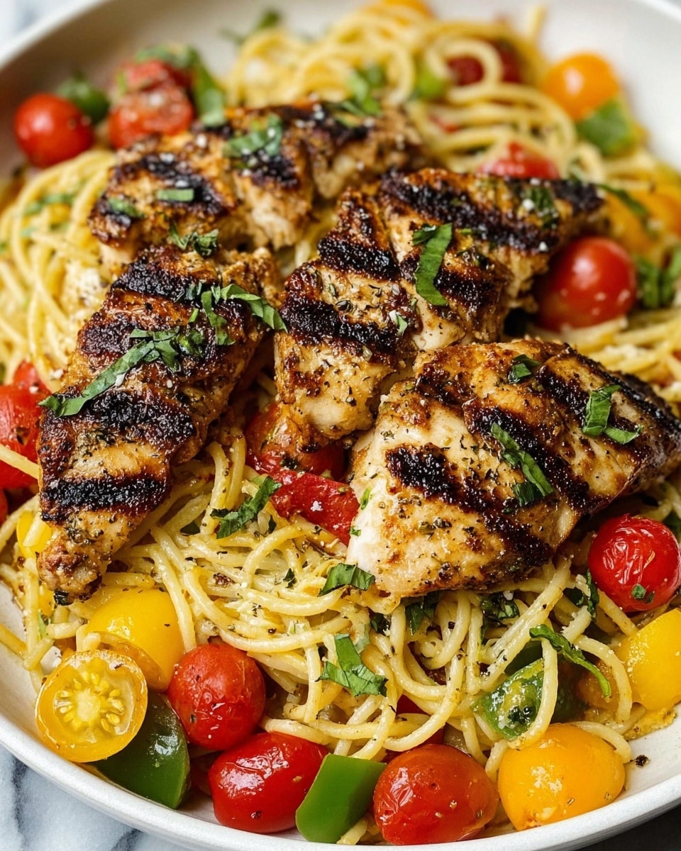 A white plate filled with three pieces of grilled chicken on top, showing dark brown grill marks, with small green herb leaves sprinkled over. Below the chicken is a layer of light yellow spaghetti pasta mixed with bright red cherry tomatoes, yellow and green bell pepper pieces, all glistening slightly as if lightly coated with oil. The background is a white marbled texture. photo taken with an iphone --ar 4:5 --v 7