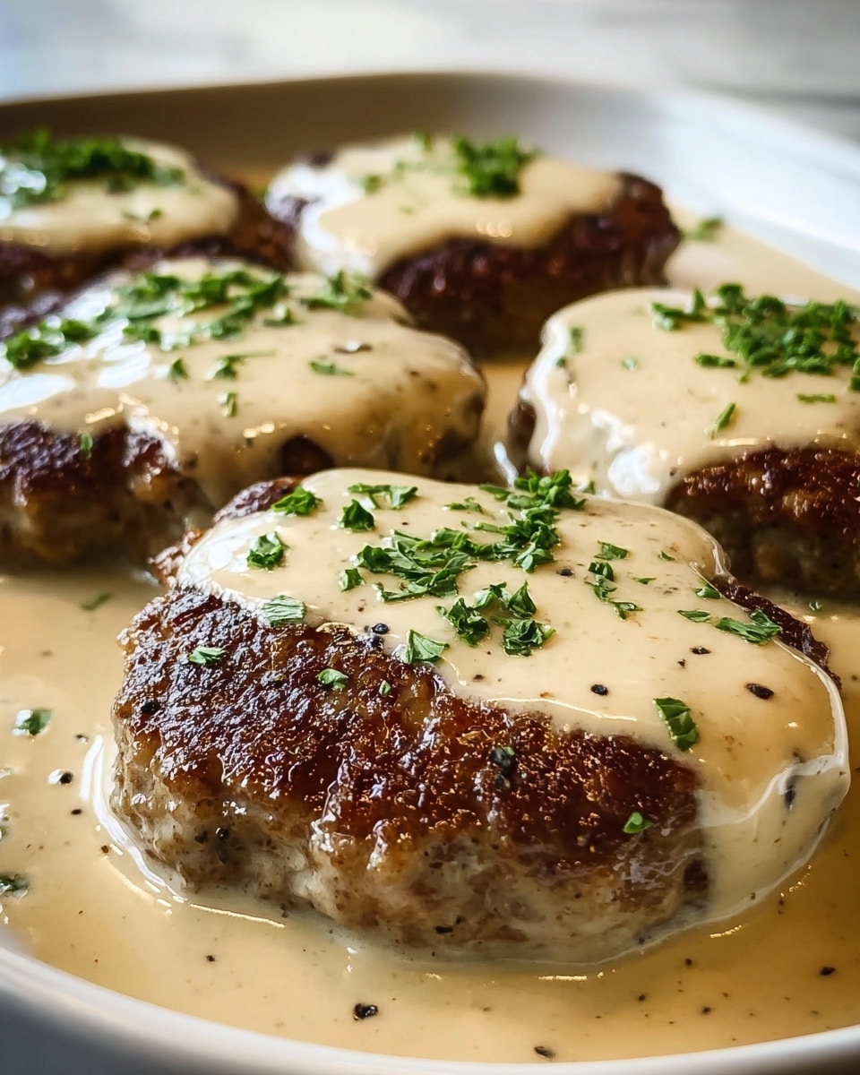 The dish shows five browned patties placed close to each other, each covered with a thick light beige creamy sauce. The sauce has a smooth texture and pools around the base of each patty. On top of each patty, there is a sprinkling of finely chopped fresh green herbs and small black pepper flakes. The patties sit on a white marbled surface, and the image is taken close up from an angled side view, showing the rich texture of the browned edges and the glossy sauce. photo taken with an iphone --ar 4:5 --v 7