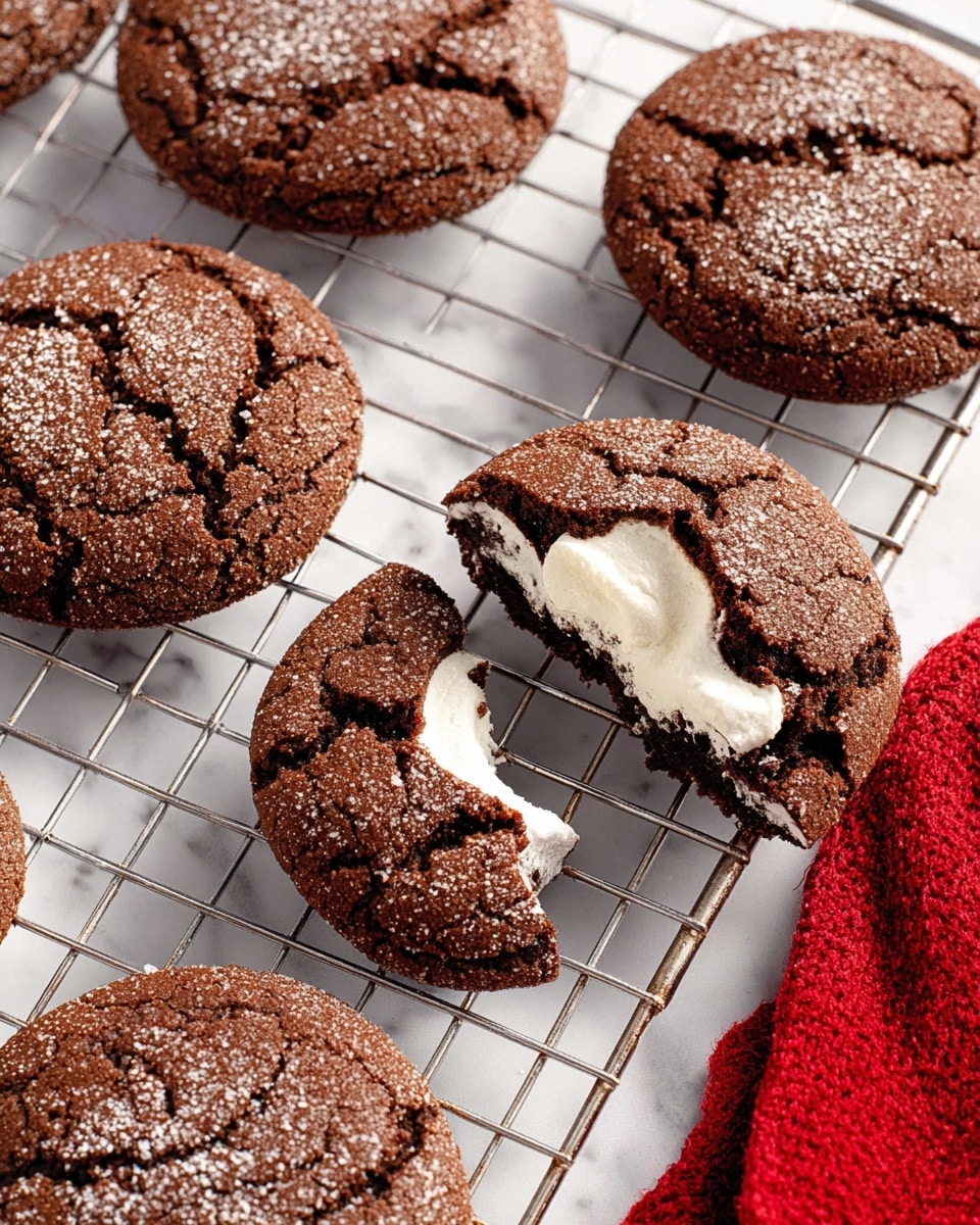 The image shows four steps of making chocolate cookies with marshmallows on a white marbled surface. In the first step, a shiny metal scoop holds soft dark brown chocolate dough with a smooth texture against a blurred background of more dough. The second step displays twelve flattened dark brown dough circles evenly spaced on white parchment paper, each topped with four or five small white marshmallows arranged in a cluster on top. The third step shows twelve dark brown dough balls coated in sugar, placed in rows on white parchment paper. The last step reveals twelve baked chocolate cookies in rows on white parchment paper, each cracked on top with white melted marshmallow visible inside the cracks. photo taken with an iphone --ar 4:5 --v 7