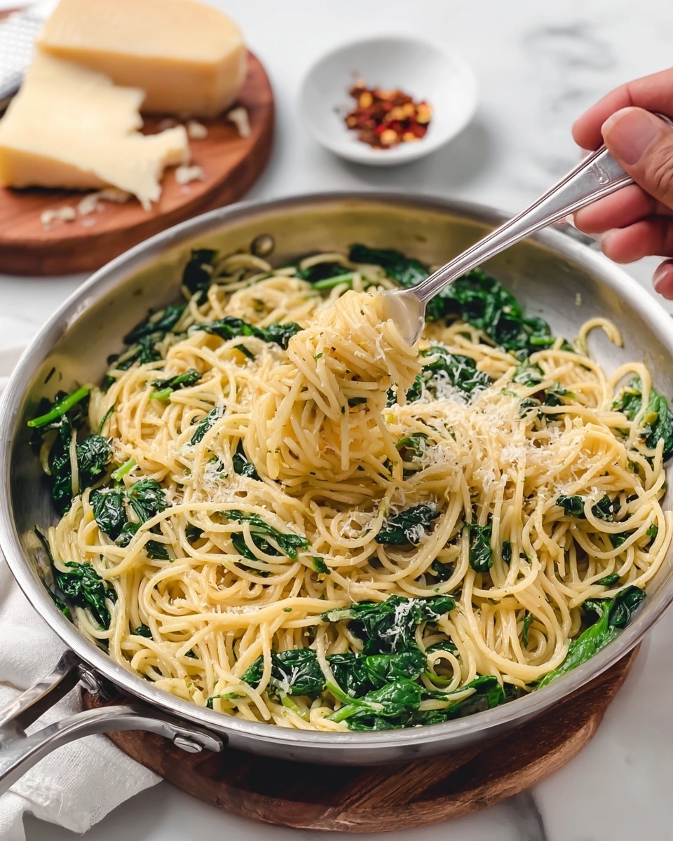 The image shows raw ingredients arranged on a white marbled surface. There is a large bundle of uncooked yellow spaghetti in the center, surrounded by six small white bowls. One bowl holds fresh green spinach leaves with visible veins and texture. Another contains three light yellow cubes of butter. A third bowl has finely grated white cheese. One more bowl shows finely chopped garlic mixed with red chili flakes. Another bowl has a small pile of green dried herbs and black pepper next to white salt. Additionally, a bright yellow whole lemon and a block of firm pale cheese are placed on a small wooden board. The photo taken with an iphone --ar 4:5 --v 7