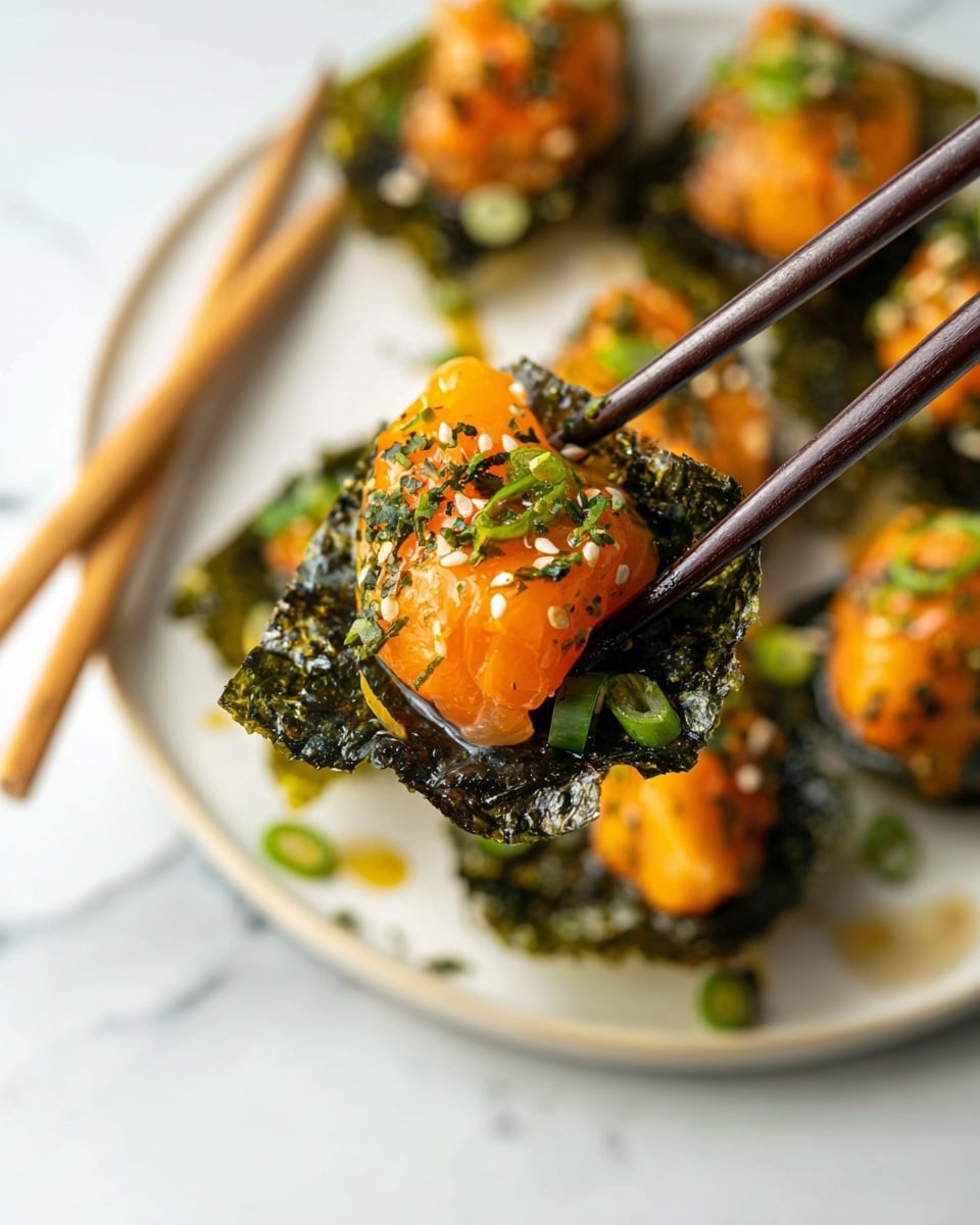 A piece of dark green, crispy seaweed holds three chunks of orange cooked fish with a shiny, bright orange sauce drizzled on top. The fish is sprinkled with small white sesame seeds and finely chopped dark green herbs along with sliced light green scallions. The seaweed and fish are held with dark brown chopsticks. In the background, there is a round white plate with more seaweed and fish bites on a white marbled surface. photo taken with an iphone --ar 4:5 --v 7