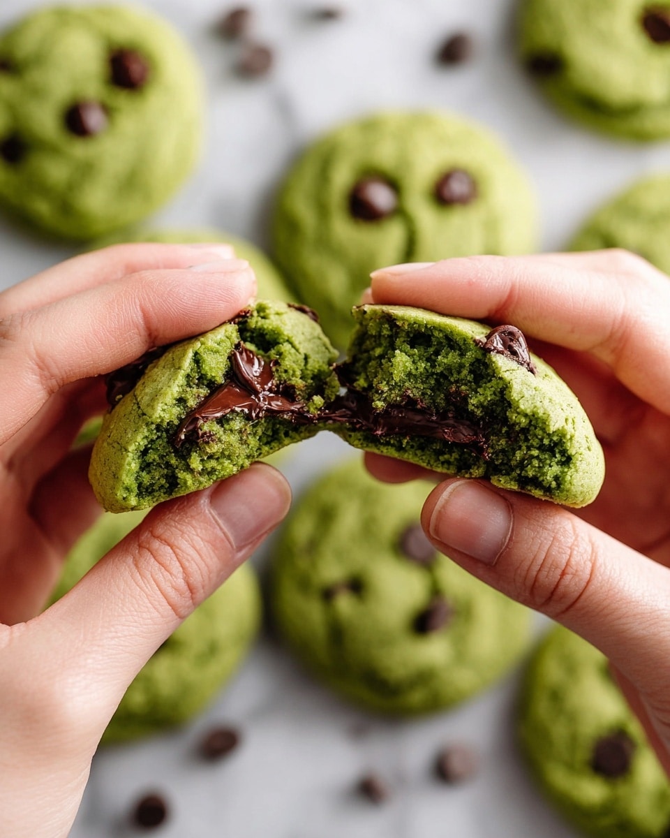 A pair of woman's hands pull apart a soft green cookie filled with melted dark brown chocolate chips, showing its moist and crumbly inside texture. The cookie is round with a slightly cracked surface and extra chocolate chips visible on top. In the blurred background, more green cookies with chocolate chips are spread out on a white marbled surface. photo taken with an iphone --ar 4:5 --v 7