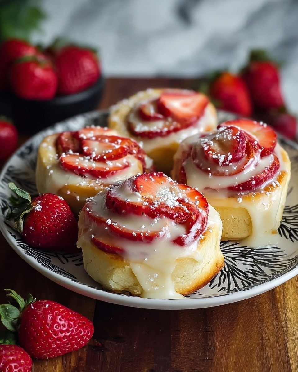 The image shows four spiral rolls on a white plate with black patterns. Each roll has three visible layers: the bottom layer is a soft, pale yellow dough, the middle layer consists of thin, bright red strawberry slices arranged in a circular pattern following the spiral of the dough, and the top layer is a creamy, white glaze spread unevenly, dripping slightly down the sides. Some powdered sugar is lightly sprinkled over the glaze and strawberries, adding a light dusting effect. The plate is placed on a dark wooden surface with whole fresh strawberries scattered around it, and the background is a white marbled texture. Photo taken with an iphone --ar 4:5 --v 7